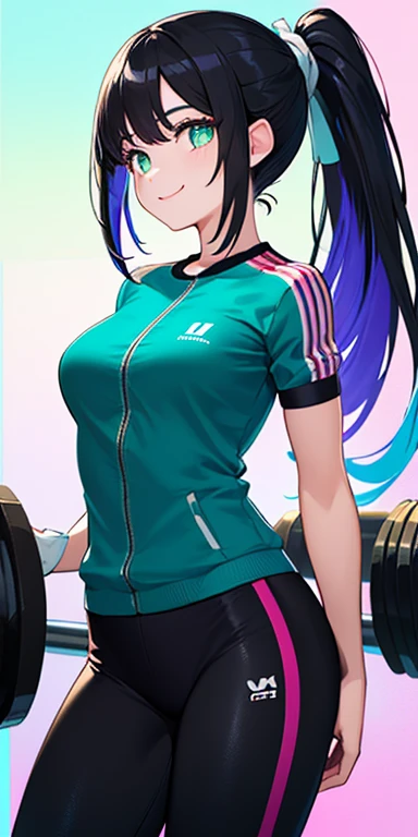 (black hair,colorful fluorescence multicolored hair:1.5,ponytail:1.5), (masterpiece, sidelights, exquisite beautiful eyes: 1.5), masterpiece*portrait, realistic, ((Colorful background of different colors:1.5)),(Gentle face:1.5),colorful,3D face,(cute face),front view: 1.6、 (glowing green eyes:1.2),(tareme:1.5)、(cute smile:1.5),,Slim Body, shiny hair, shiny skin: 1.5、medium breasts,、solo,(stand)、(Gym suit:1.5)、(charactor focus:1.5、portlate、eye focus,cowboy shot)、bright atmosphere,intricatedetails