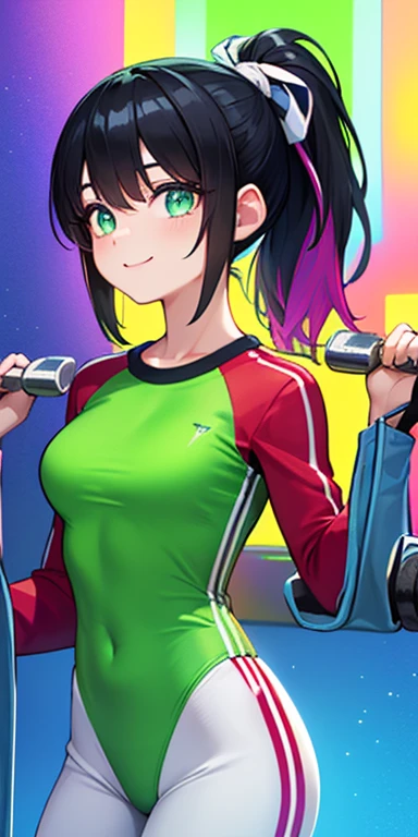 (black hair,colorful fluorescence multicolored  hair:1.5,ponytail:1.5), (masterpiece, sidelights, exquisite beautiful eyes: 1.5), masterpiece*portrait, realistic, ((Colorful background of different colors:1.5)),(Gentle face:1.5),colorful,3D face,(cute face),front view: 1.6、 (glowing green eyes:1.2),(tareme:1.5)、(cute smile:1.5),,Slim Body, shiny hair, shiny skin: 1.5、medium breasts,、solo,(stand)、(Gym suit:1.5)、(charactor focus:1.5、portlate、eye focus,cowboy shot)、bright atmosphere,intricatedetails
