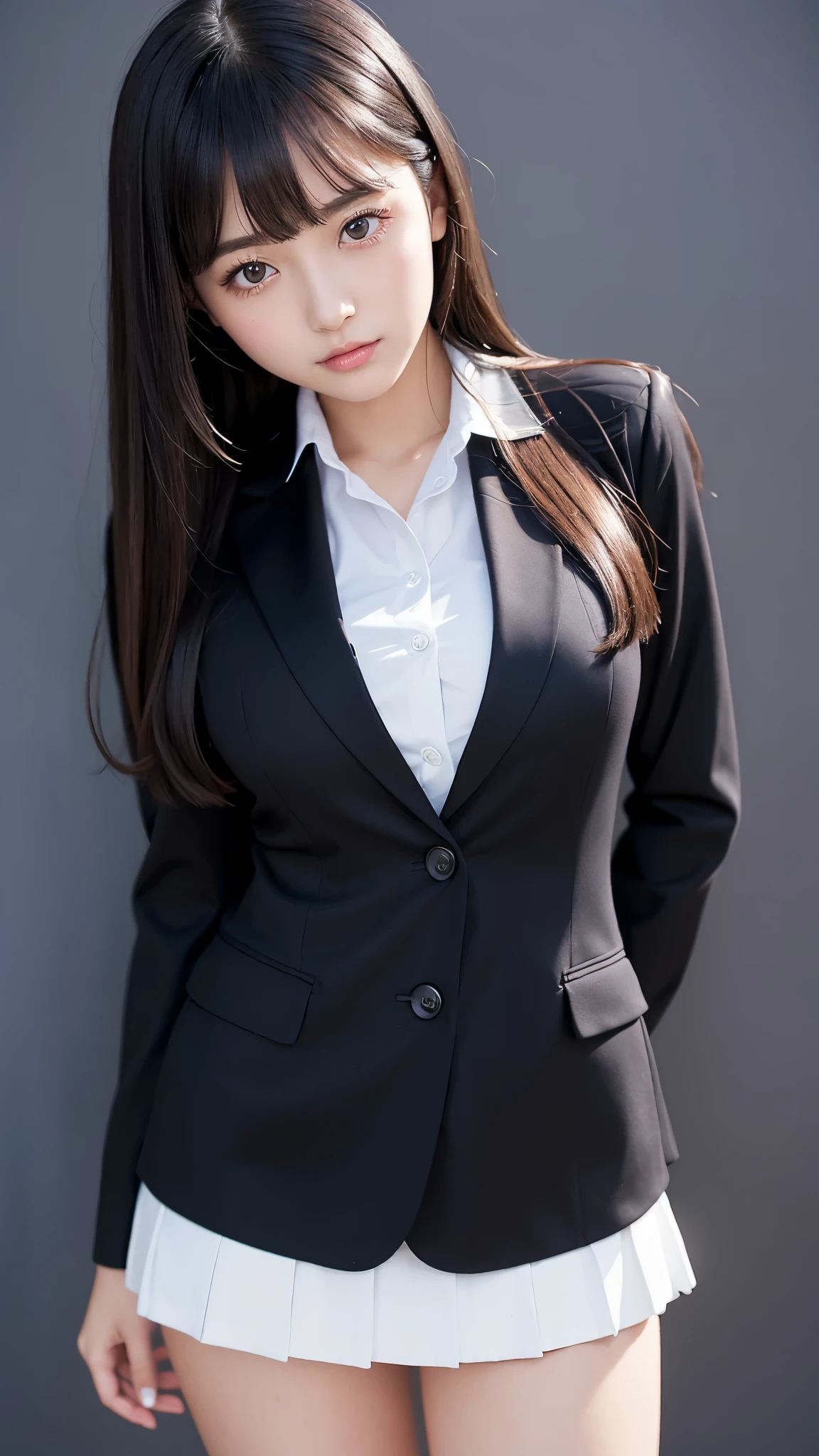 ((best quality)), ((muste piece)), (detailed breasts), (highlight), perfect face、Young girl highlighting large breasts with detailed face、Long, thick, glossy, beautiful black hair with blunt bangs、solid color background、Standing student council president wearing blazer and miniskirt school uniform Japanese high school girl
