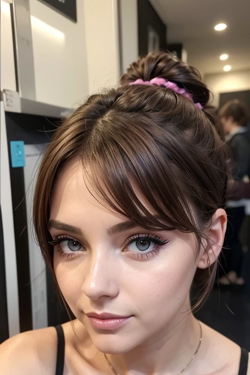 Belle fille, Marron_eyeeautiful mince adolescente de 18 ans, cheveux color [Brown highlights cheveux], [Pixie undercut] cheveux)), boucles d’oreilles, lèvres, Réaliste, taille étroite, charmant, pink lèvrestick, maquillage coloré, Cils longs, boucles d’oreilles, porter de l’eye-liner, peau claire, (mignon), (face détaillée), Yeux détaillés, Iris détaillé, se balade à paris avec des amis, hiver , tenu chic hiver