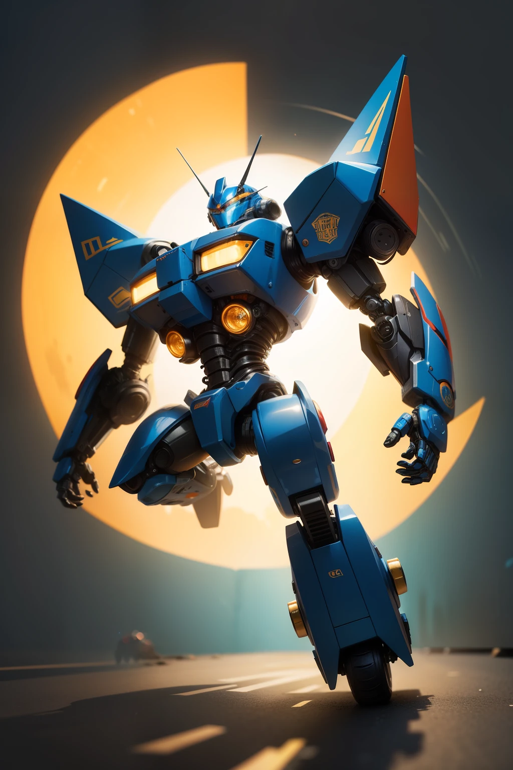In the vibrant hues of Pepsi colocate a robot reminiscent of the classic Transformers G1 series. With metallic sheen and bold colors, this agile machine stands ready to transform, shifting from vehicle to robot form with grace and precision. Its mechanical limbs are intricately detailed, each component glinting under the studio illumination. The robot's expressions are cartoon-like, revealing its friendly and approachable demeanor. A chibi-inspired design adds a touch of whimsy, as it sprints through the lush, green background, leaving a trail of excitement in its wake.