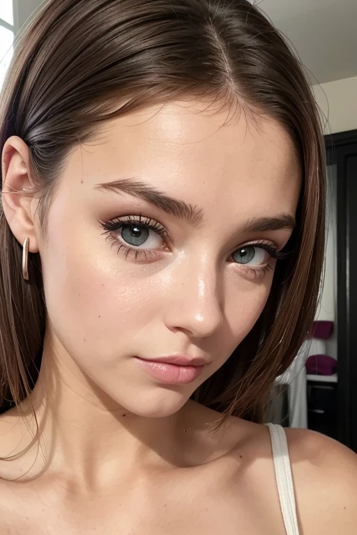 Belle fille, Marron_eyeeautiful mince adolescente de 18 ans, cheveux color [Brown highlights cheveux], [Pixie undercut] cheveux)), boucles d’oreilles, lèvres, Réaliste, taille étroite, charmant, pink lèvrestick, maquillage coloré, Cils longs, boucles d’oreilles, porter de l’eye-liner, peau claire, (mignon), (face détaillée), Yeux détaillés, Iris détaillé, nue sur le lit