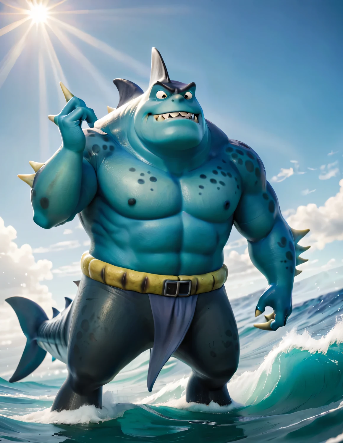 （character idea），Very unified CG design，SpongeBob&#39;sThe big shark Poseidon has a very unique appearance.，Standing height about 2 meters，Weight about 120kg，Strong build，muscular。His skin is dark blue，it&#39;full of spots，These spots are shaped like sponges，His eyes are black，sharp vision，His teeth are sharp and pointy，intimidating，behind head，he has a long fin，His arms and legs are very strong，Claws as sharp as hooks，His tail is big and powerful，So he can swim in the water，SpongeBob海神波塞冬被一层粘稠液体覆盖，This layer of liquid emits weak fluorescence，Make him look more mysterious，His appearance is full of strength and wildness，