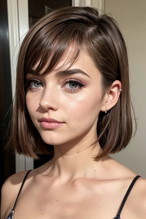 pussy, Belle fille, Marron_eyeeautiful mince adolescente de 18 ans, cheveux color [Brown highlights cheveux], [Pixie undercut] cheveux)), boucles d’oreilles, lèvres, Réaliste, taille étroite, charmant, pink lèvrestick, maquillage coloré, Cils longs, boucles d’oreilles, porter de l’eye-liner, peau claire, (mignon), (face détaillée), Yeux détaillés, Iris détaillé, en nuisette de nuit, pyjama,  