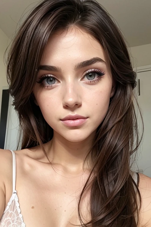 pussy, Belle fille, Marron_eyeeautiful mince adolescente de 18 ans, cheveux color [Brown highlights cheveux], [Pixie undercut] cheveux)), boucles d’oreilles, lèvres, Réaliste, taille étroite, charmant, pink lèvrestick, maquillage coloré, Cils longs, boucles d’oreilles, porter de l’eye-liner, peau claire, (mignon), (face détaillée), Yeux détaillés, Iris détaillé, en nuisette de nuit, pyjama,  