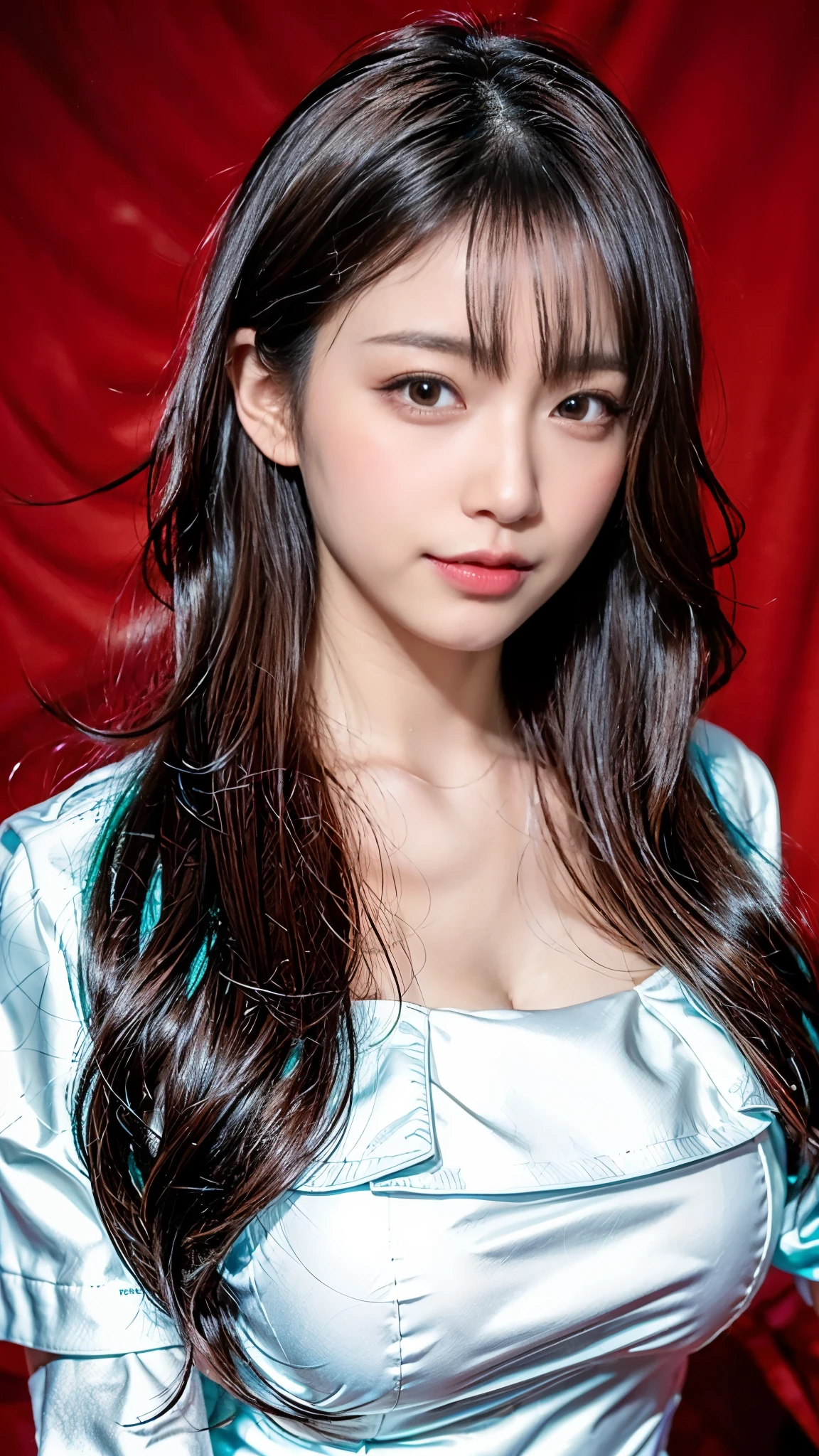 (highest quality, debris flies, realistic pictures, Super detailed, ultra high resolution, to be born:1.3), (1 female, Beautiful Japan actress, 25 years old), Double rainbow color), (shy smile), detailed face, She has big ring earrings and red eyeshadow makeup.。，light blonde delicate mid cut hair，髪の端は波状inす，Elegant hairstyles，fine eyes, (Actress with slender figure，small breasts, hips become smaller, side boob barbosa), (butt crack, naked waist, bare back:1.3), (sexy silk embroidered mermaid dress:1.2), ( from behind), look up_in_viewer, Blake is black long hair, Blake is (mode, red carpet, large crowd:1.5),My butt is also exposed，beauty in profile，A glimpse of white pants，