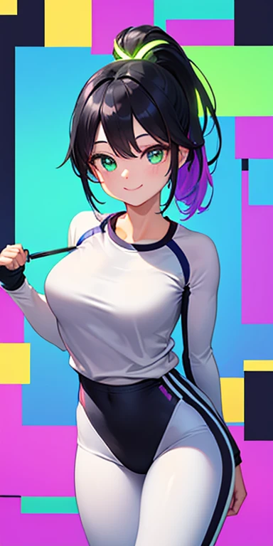 (black hair,colorful fluorescence multicolored  hair:1.5,ponytail:1.5), (masterpiece, sidelights, exquisite beautiful eyes: 1.5), masterpiece*portrait, realistic, ((Colorful background of different colors:1.5)),(Gentle face:1.5),colorful,3D face,(cute face),front view: 1.6、 (glowing green eyes:1.2),(tareme:1.5)、(cute smile:1.5),,Slim Body, shiny hair, shiny skin: 1.5、medium breasts,、solo,(stand)、(Gym suit:1.5)、(charactor focus:1.5、portlate、eye focus,cowboy shot)、bright atmosphere,intricatedetails