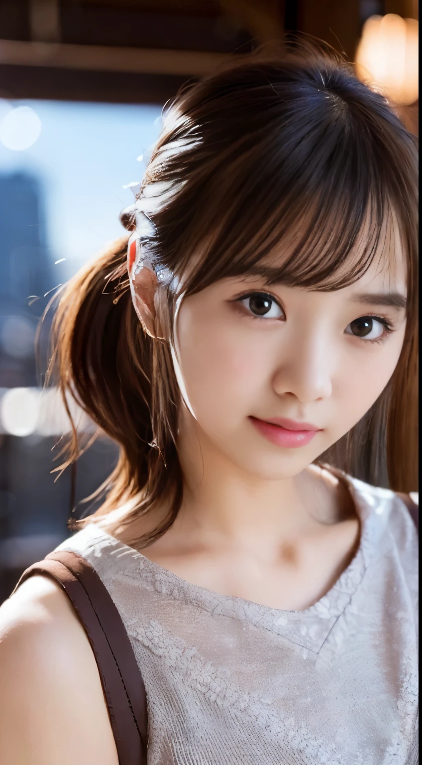 (blurry background:1.3), (extremely detailed fine touch:1.3), (hard light, studio light, light rays, dappled light, reflection, shadows, ray tracing:1.0), ///, kawaii girl, brown ponytail, night, star, milky way, horizon, sky, clouds, rainbow, stars, milky way, wind, city, upper body, tower, red flower