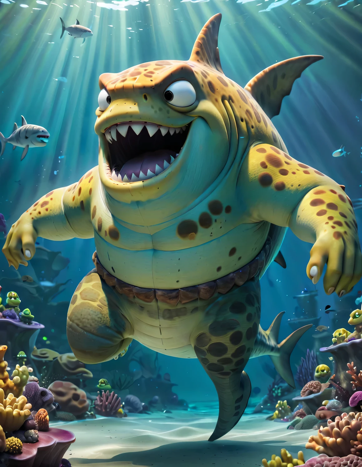 （character idea），Very unified CG design，SpongeBob&#39;sThe big shark Poseidon has a very unique appearance.，Standing height about 2 meters，Weight about 120kg，Strong build，muscular。His skin is dark blue，it&#39;full of spots，These spots are shaped like sponges，His eyes are black，sharp vision，His teeth are sharp and pointy，intimidating，behind head，he has a long fin，His arms and legs are very strong，Claws as sharp as hooks，His tail is big and powerful，So he can swim in the water，SpongeBob海神波塞冬被一层粘稠液体覆盖，This layer of liquid emits weak fluorescence，Make him look more mysterious，His appearance is full of strength and wildness，