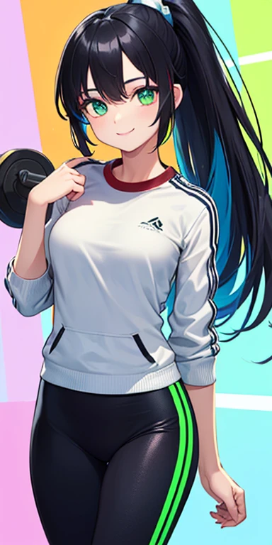 (black hair,colorful fluorescence multicolored hair:1.5,ponytail:1.5), (masterpiece, sidelights, exquisite beautiful eyes: 1.5), masterpiece*portrait, realistic, ((Colorful background of different colors:1.5)),(Gentle face:1.5),colorful,3D face,(cute face),front view: 1.6、 (glowing green eyes:1.2),(tareme:1.5)、(cute smile:1.5),,Slim Body, shiny hair, shiny skin: 1.5、medium breasts,、solo,(stand)、(Gym suit:1.5)、(charactor focus:1.5、portlate、eye focus,cowboy shot)、bright atmosphere,intricatedetails