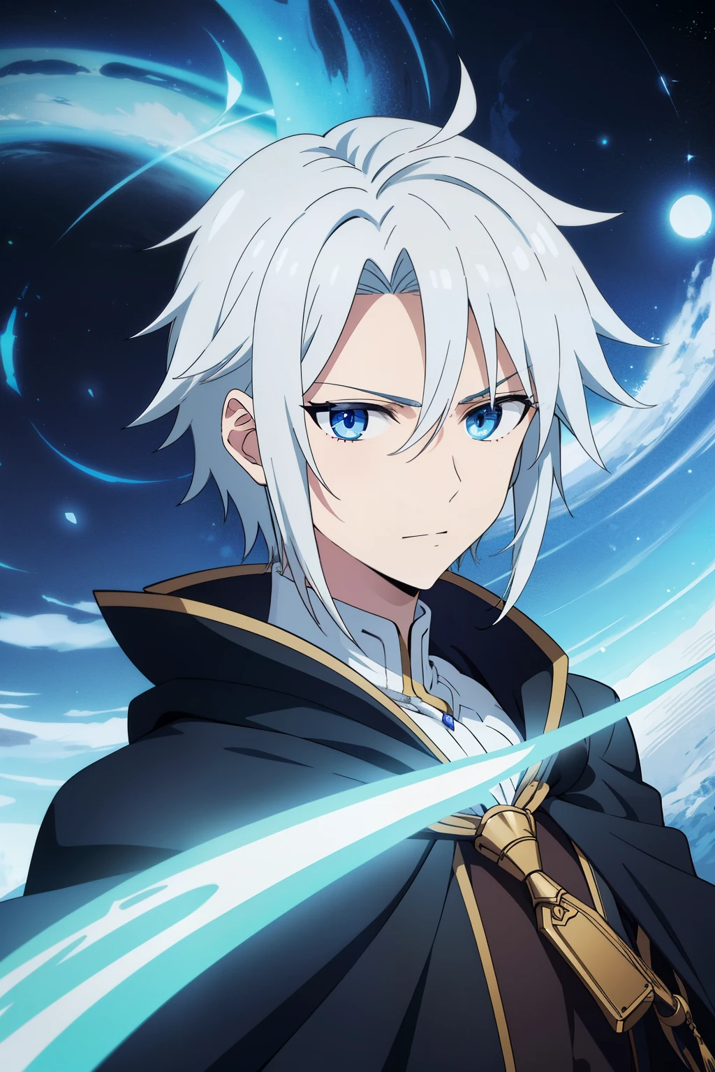 (high-quality, breathtaking),(expressive eyes, perfect face) 1male, male, solo, short height, young teenager age, medium shoulder length hair, white hair blue streaks and highlights, unkept hair, pale blue eyes, serious expression, black cloak, white shirt, fantasy mage clothing, Venus, Venus Roman God of Passion, Venus background, space background, portrait, upper body, magic,