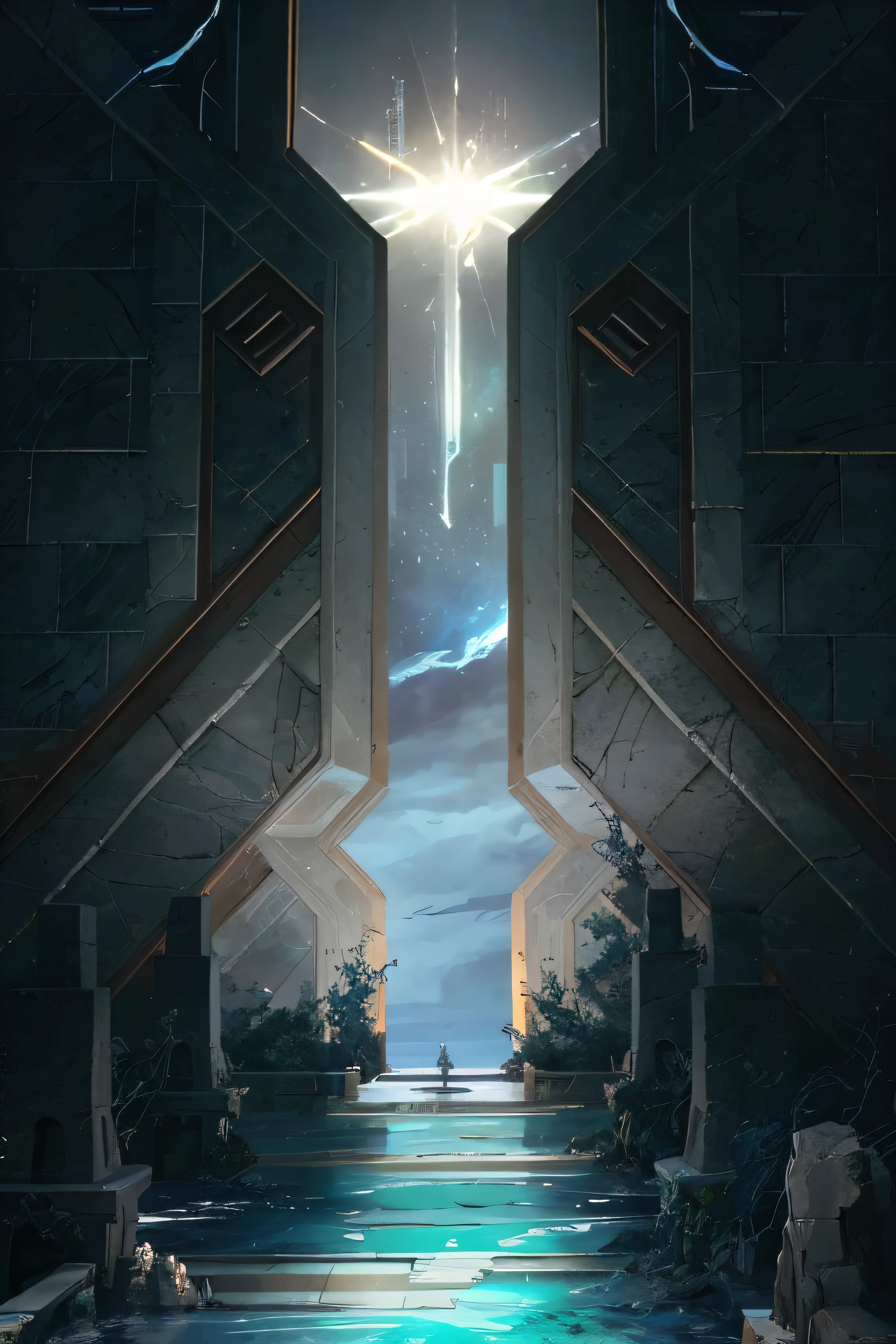 Close up of buildings on sky background and stars in sky, Sylvain Sarai, portal to another world, Symmetric epic fantasy art, 对称concept art, 神秘的科幻concept art, 视频游戏的concept art, Entrance to Valhalla, 戏剧性的concept art, concept art, 超现实concept art