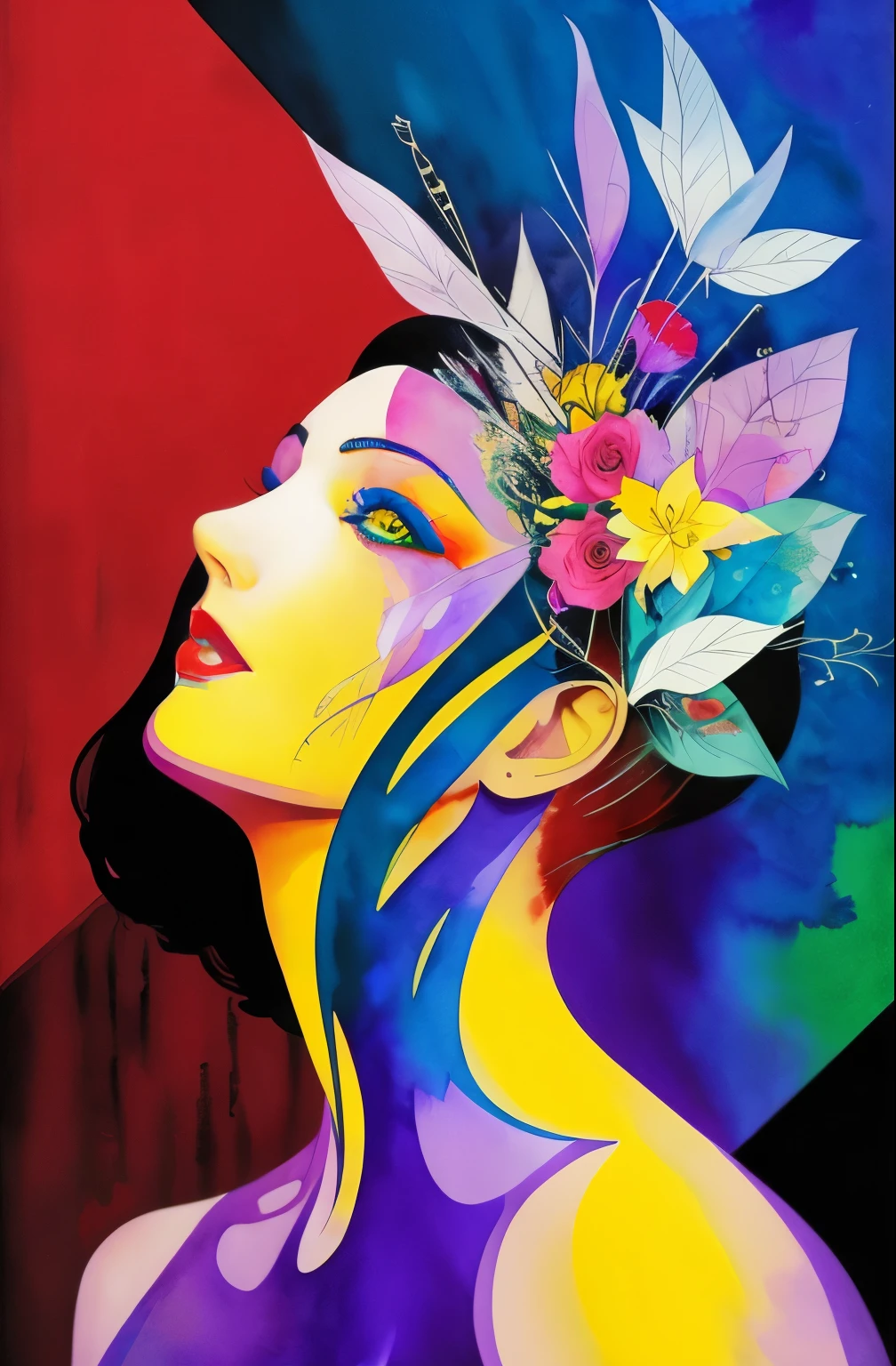 painting of woman, tumbler, figurative art, Intense watercolor painting, watercolor detailed art, Watercolor Splash, surreal, Avant-garde pop art, Beautiful and expressive paintings, Beautiful artwork illustration, very colorful tones, wonderful, cool beauty, highest quality,official art, women only, sharp outline, best shot, vector art, Written by Sandra Chevrier, Dave McKean、by Richard Avedon、Written by Makiezi Kusiala, luminous design,prism, bouquet of light spectrum, beyond eternity