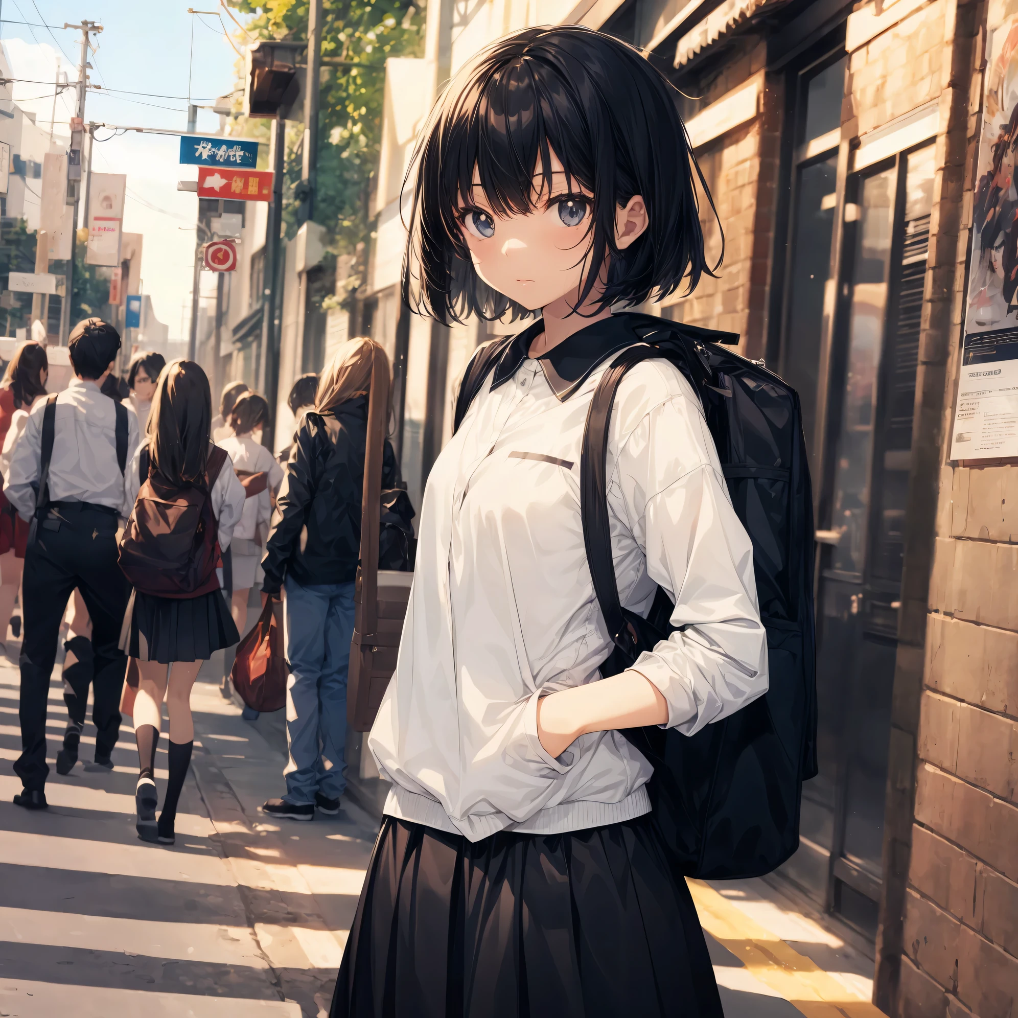 Super high quality by the art god, super detailed, High resolution, Shinkai Makoto style, anime moe art style, best anime 8K konachan wallpaper, pixiv contest winner, perfect ???????, break,(眠そうにalone学校へ行く女の子を描いてください. ),break, surreal high school girl, (alone,change, child,13 years old:1.3),All limbs, full finger,Middle school students, androgynous charm, (very, very short hair), messy hair, flat and soft chest, small ass, between legs, Small black eyes,beautiful and fine eyes, Well-proportioned iris and pupils, disgusted eyes, High resolutionの詳細な髪, school uniform, (skirt), On the way to school. break,super dense skin, Best lighting by famous artists, 8K, figure,