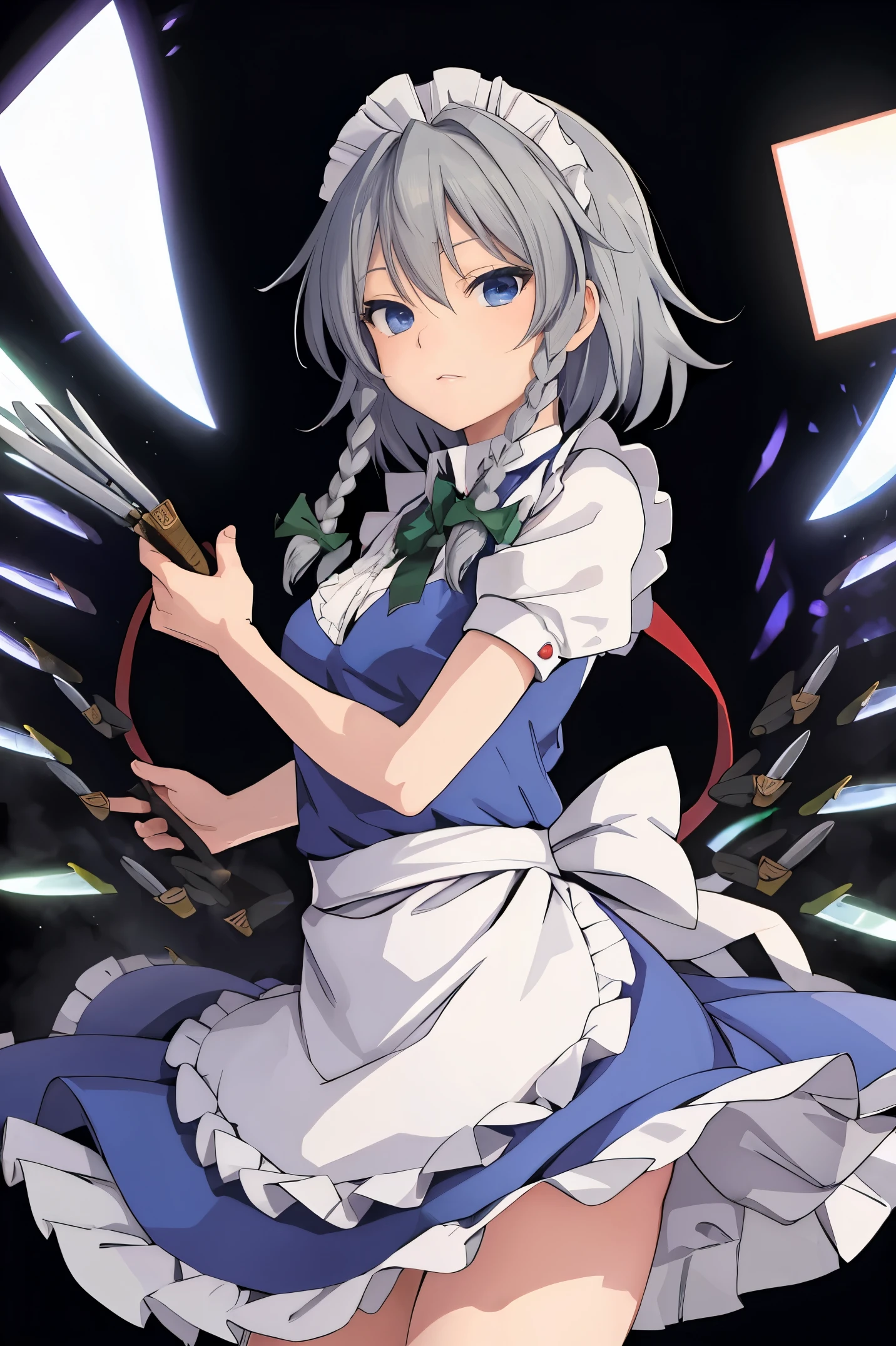 masterpiece:1.2, best quality, ((ultra detailed)), high resolution, 2d, anime style , photo, photography, detailed background, solo, {izayoi_sakuya_touhou}, braid, twin_braids, maid_headdress, short_hair, maid, bow, grey_hair, hair_bow, bangs, blue_eyes, ribbon, hair_between_eyes,apron, cowboy shot,green_bow,BREAK many knives, throw a lot of knives