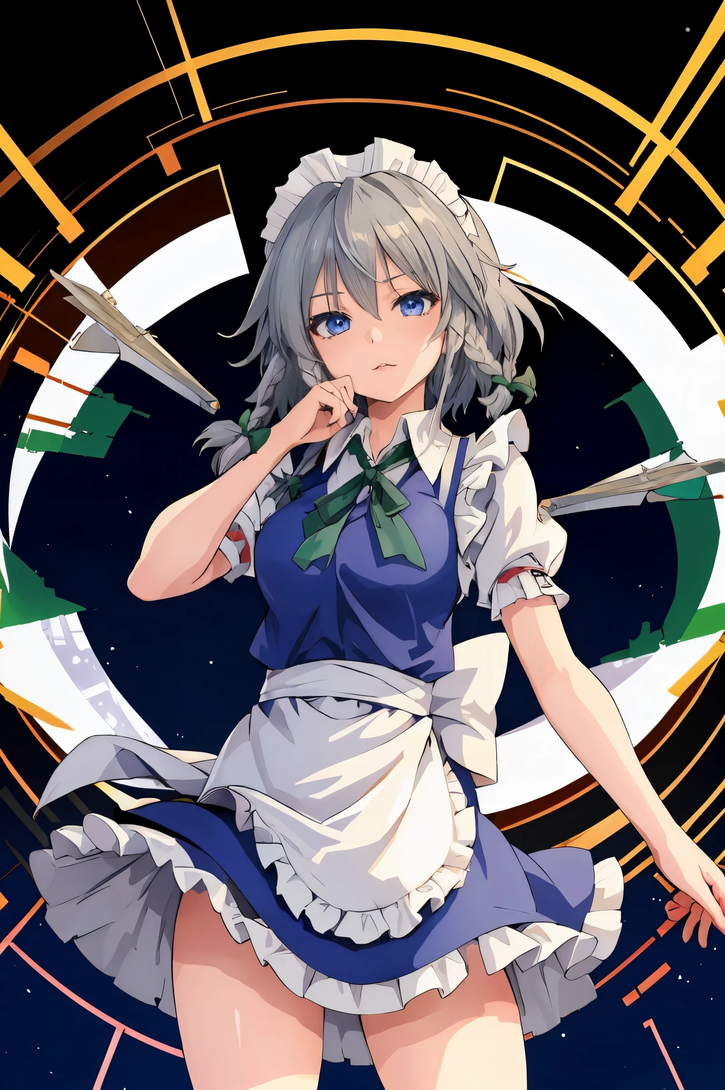 masterpiece:1.2, best quality, ((ultra detailed)), high resolution, 2d, anime style , photo, photography, detailed background, solo, {izayoi_sakuya_touhou}, braid, twin_braids, maid_headdress, short_hair, maid, bow, grey_hair, hair_bow, bangs, blue_eyes, ribbon, hair_between_eyes,apron, cowboy shot,green_bow,BREAK many knives, throw a lot of knives