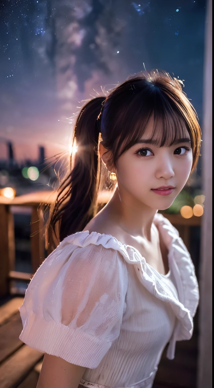 (blurry background:1.3), (extremely detailed fine touch:1.3), (hard light, studio light, light rays, dappled light, reflection, shadows, ray tracing:1.0), ///, kawaii girl, brown ponytail, night, star, milky way, horizon, sky, clouds, rainbow, stars, milky way, wind, city, upper body, tower, red flower