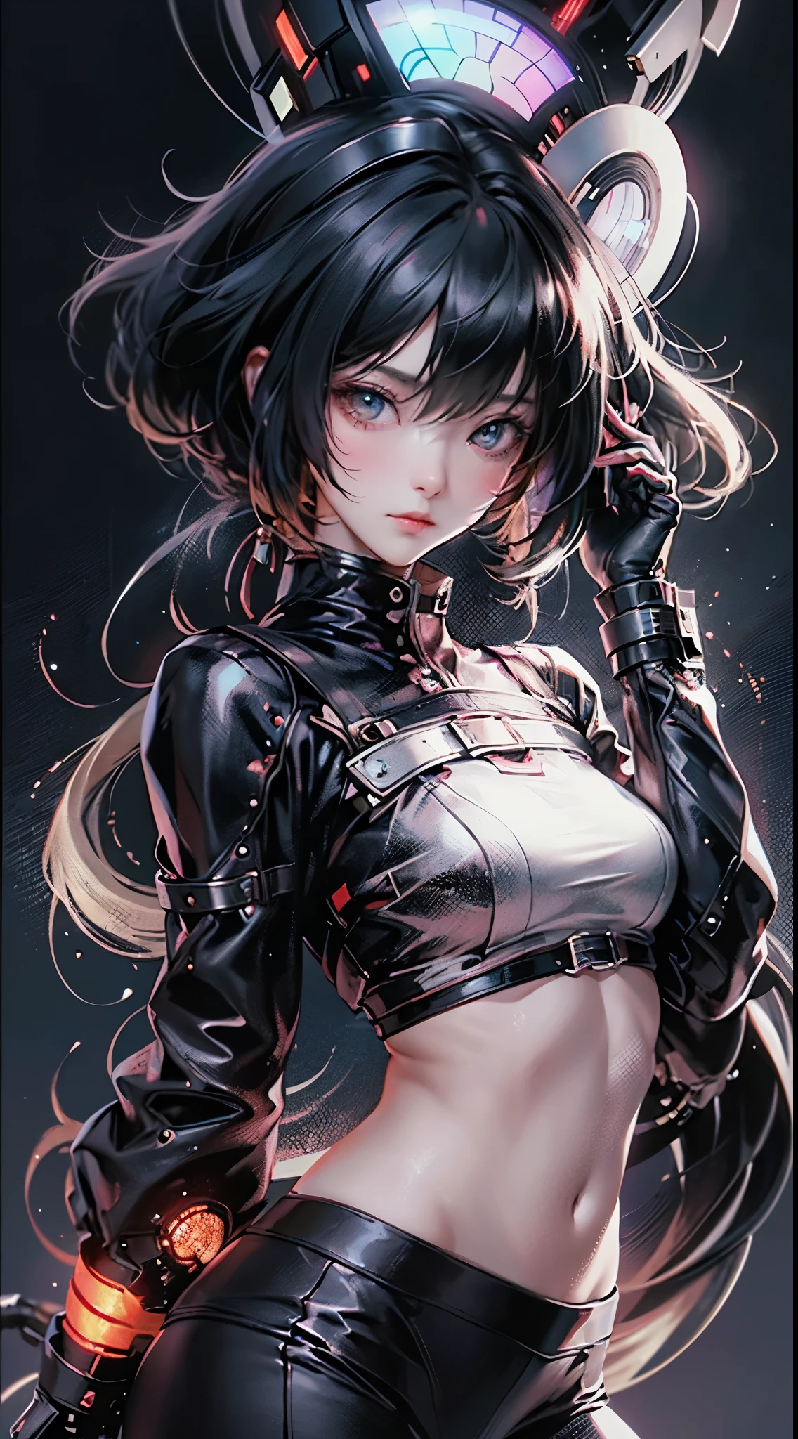 Eve, stellar blade, 8k,highres, 1girl, front lighting, simple background, gray background, looking at the viewer, bodysuit, black hair and dark black hair, fringe, hair tied in ponytail style, video game, heels, gloves, boobs, honey colored eyes, white skin, korean, She has straight bangs that frame her face, Her deep, captivating black eyes contrast with her soft, complete body