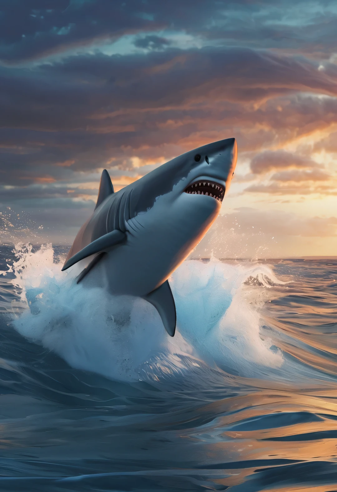 (character idea),Very unified CG design,big shark Poseidon,inspired by cartoons《SpongeBob》great white shark,big shark Poseidon外貌特征相当独特,Standing height about 2 meters,Weight about 120kg,Strong build,muscular。His skin is dark blue,it'full of spots,These spots are shaped like sponges,His eyes are black,sharp vision,His teeth are sharp and pointy,intimidating,behind head,he has a long fin,His arms and legs are very strong,Claws as sharp as hooks,His tail is big and powerful,So he can swim in the water,SpongeBobbig shark Poseidon全身覆盖着一层粘稠的液体,This layer of liquid emits weak fluorescence,Make him look more mysterious,His appearance is full of strength and wildness,background:Fairy tale world in the ocean