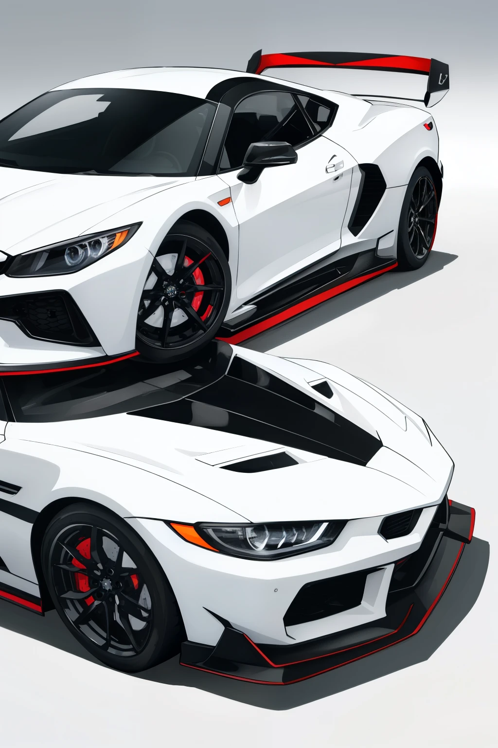 In the heart of an anime world, two sleek black and white sports cars gracefully contrast against a pristine white background. The detailed texture of the cars' metallic surfaces shines under the spotlight, their shiny headlights piercing the air. The cars' smooth curves and sharp edges are accentuated by the delicate shadows that dance on the ground, adding a dynamic element to the static scene. The tranquil background, adorned with intricate white patterns, complements the cars' bold presence, creating a stunning masterpiece of anime style automotive art.