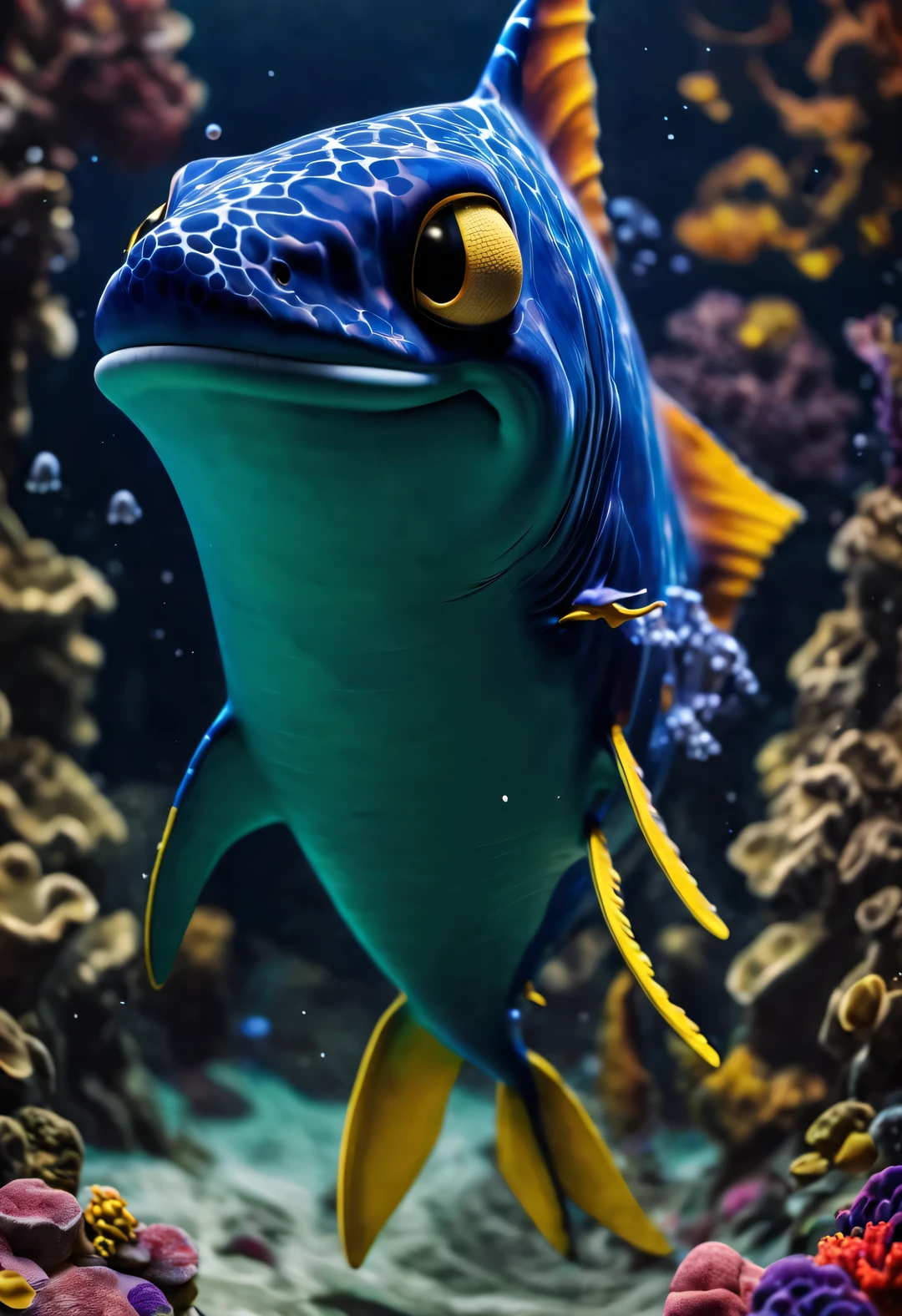 （character idea），Very unified CG design，《SpongeBob》The medium-sized shark Poseidon has a rather unique appearance.，Standing height about 2 meters，Weight about 120kg，Strong build，muscular。His skin is dark blue，it&#39;full of spots，These spots are shaped like sponges，His eyes are black，sharp vision，His teeth are sharp and pointy，intimidating，behind head，he has a long fin，His arms and legs are very strong，Claws as sharp as hooks，His tail is big and powerful，So he can swim in the water，SpongeBob大鲨鱼波塞冬全身覆盖着一层粘稠的液体，This layer of liquid emits weak fluorescence，Make him look more mysterious，His appearance is full of strength and wildness，background：Atlantis Castle in the Fairy Tale World Ocean