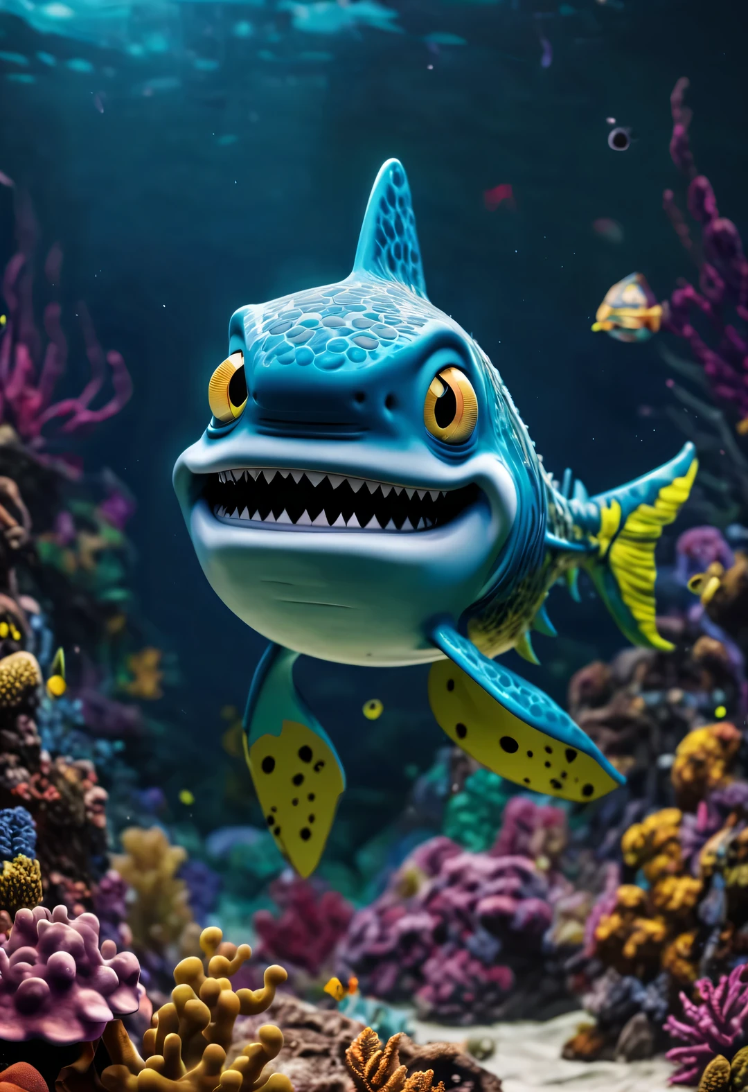 （character idea），Very unified CG design，《SpongeBob》The medium-sized shark Poseidon has a rather unique appearance.，Standing height about 2 meters，Weight about 120kg，Strong build，muscular。His skin is dark blue，it'full of spots，These spots are shaped like sponges，His eyes are black，sharp vision，His teeth are sharp and pointy，intimidating，behind head，he has a long fin，His arms and legs are very strong，Claws as sharp as hooks，His tail is big and powerful，So he can swim in the water，SpongeBob大鲨鱼波塞冬全身覆盖着一层粘稠的液体，This layer of liquid emits weak fluorescence，Make him look more mysterious，His appearance is full of strength and wildness，background：Atlantis Castle in the Fairy Tale World Ocean
