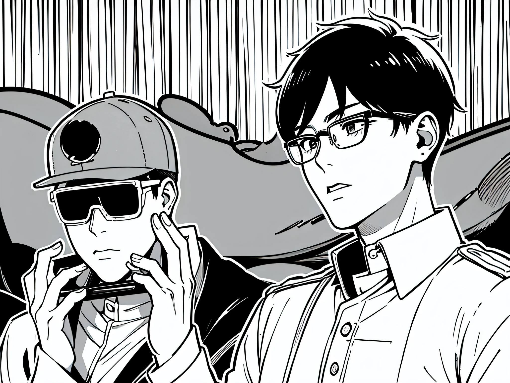 1 boy, short hair, rounded glasses, wearing korean military uniform, shooting with sniper rifle, detailed face, reasonable design, Clear lines, (lineart, monochrome)