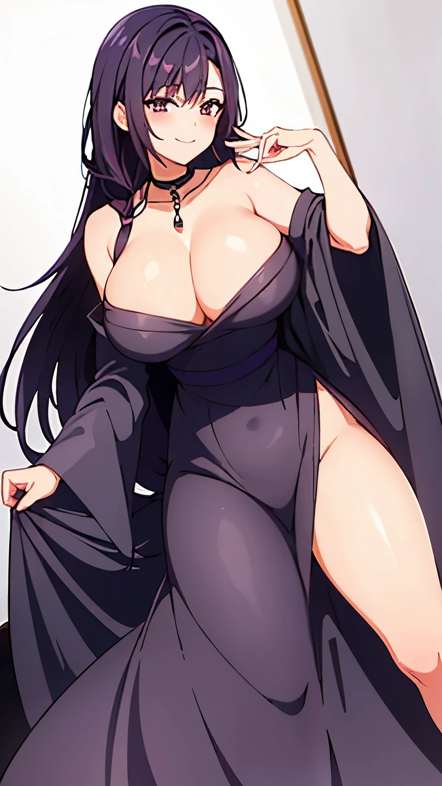 1 girl, purple slightly black hair, big breasts, sexy body, wearing a black dress, smiling, wearing a necklace around his neck, wearing a princess's gloves