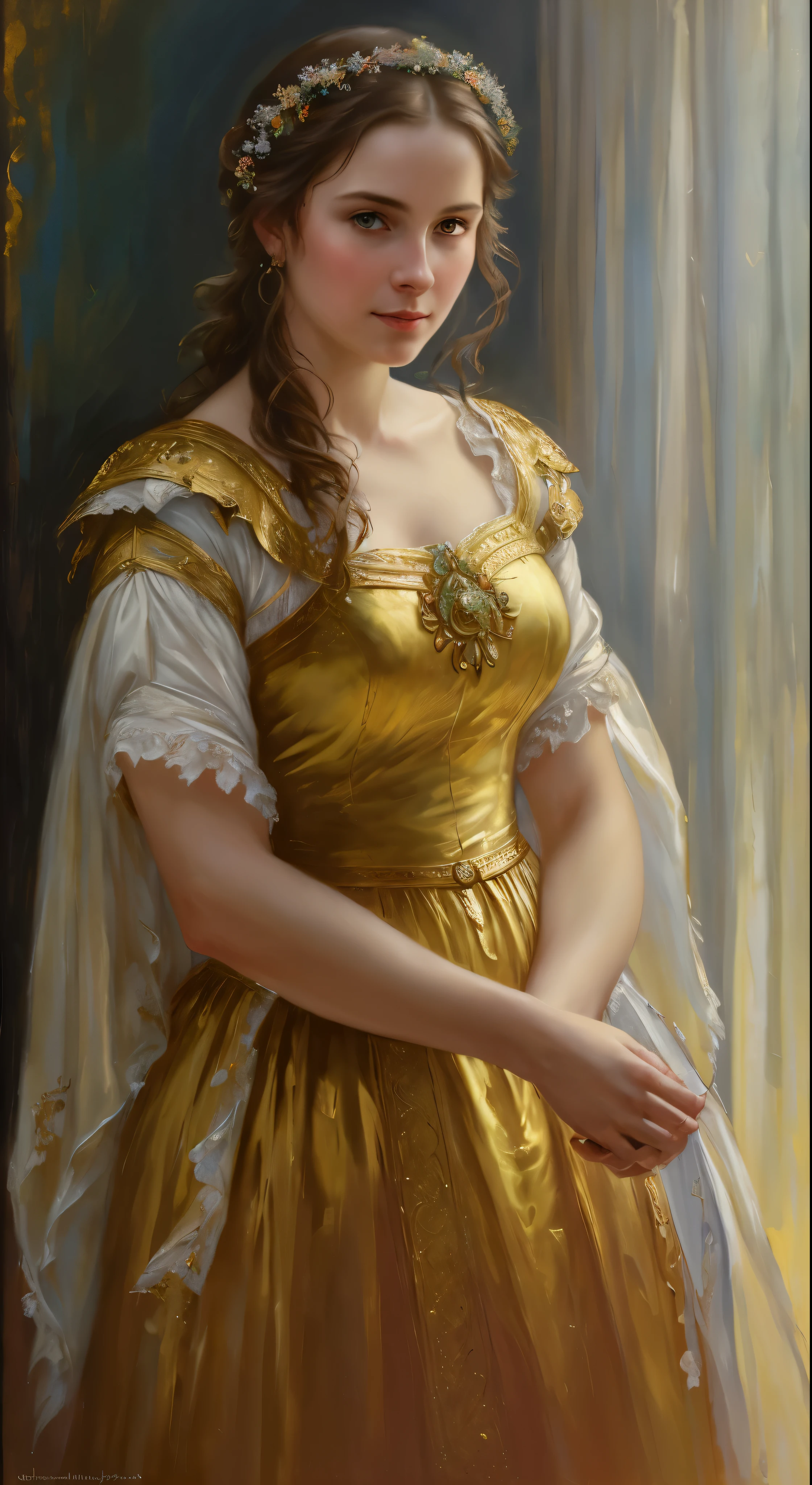 Masterpiece, Best quality, Ethereal beauty, portrait, girl, 35 years old Woman, middle ages, classicism, andrey atroshenko style, painting, traditional media, realistic, figurative, fine art, oil on canvas, HDR, 8K, original character, high resolution, high detail, focus on the face