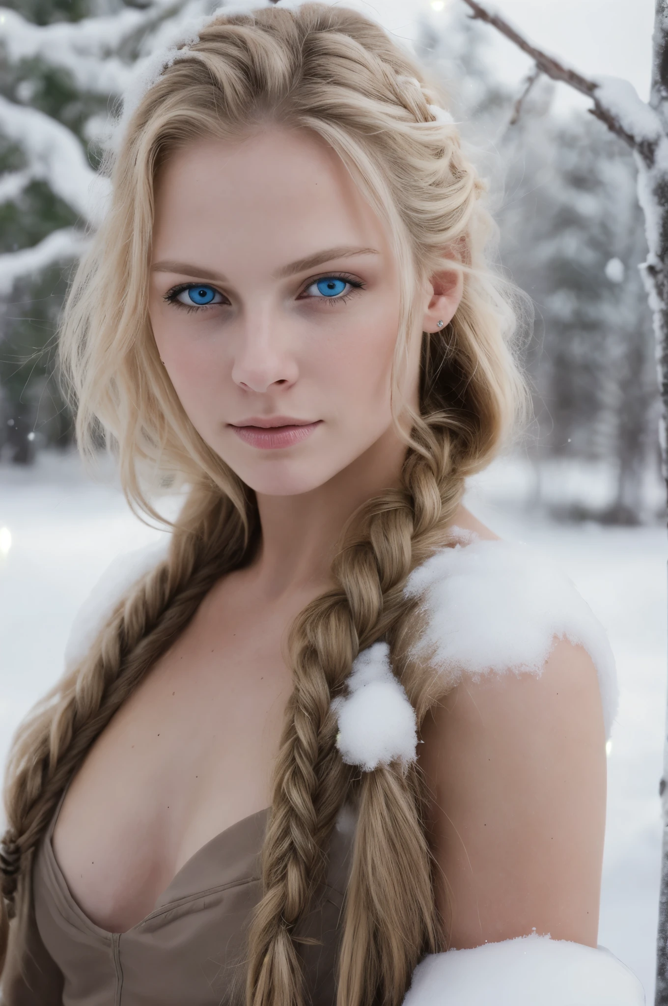 (Realistic:1.2), Analog Photography Style, Scandinavian warrior woman, fantastic snowy setting, braided blonde hair, whole body, Soft natural light, Cute and sexy, Pleasure, detailed face and blue eyes, Great quality, masterpiece, detailed northern background, Quality: 16K, raw photo