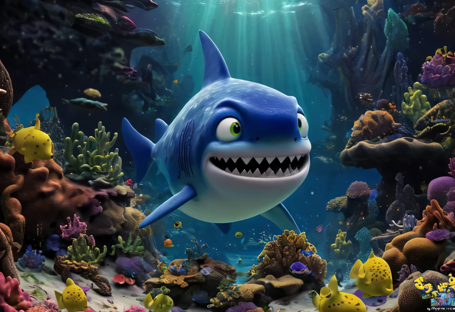 (character idea),Very unified CG design,《SpongeBob》The medium-sized shark Poseidon has a rather unique appearance.,Standing height about 2 meters,Weight about 120kg,Strong build,muscular。His skin is dark blue,it'full of spots,These spots are shaped like sponges,His eyes are black,sharp vision,His teeth are sharp and pointy,intimidating,behind head,he has a long fin,His arms and legs are very strong,Claws as sharp as hooks,His tail is big and powerful,So he can swim in the water,SpongeBob大鲨鱼波塞冬全身覆盖着一层粘稠的液体,This layer of liquid emits weak fluorescence,Make him look more mysterious,His appearance is full of strength and wildness,background:Atlantis Castle in the Fairy Tale World Ocean