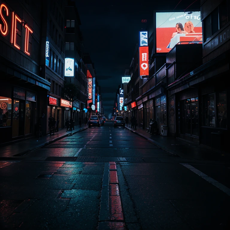 Street cinematic shot, night time , blue and red pelette theme at street screens