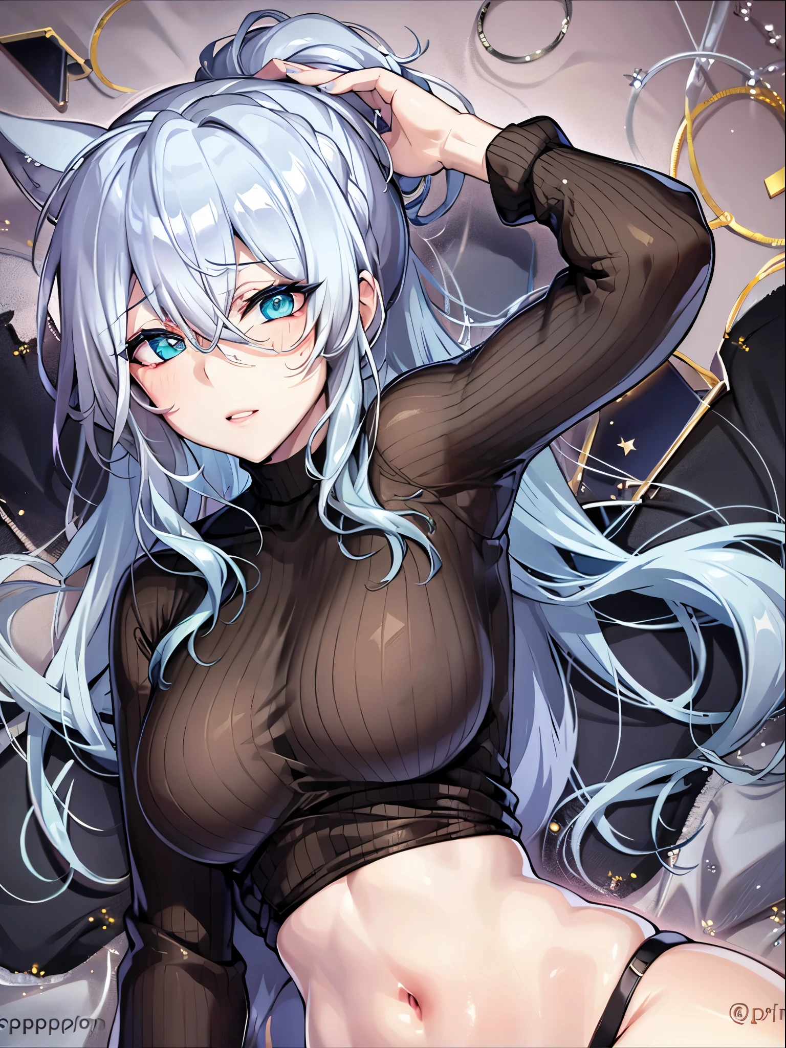 best quality, 8k, on the bed, silver hair, black shirt,No, Anime visual of a cute girl, Cute emoji face, Still from anime, Hard breasts, s face