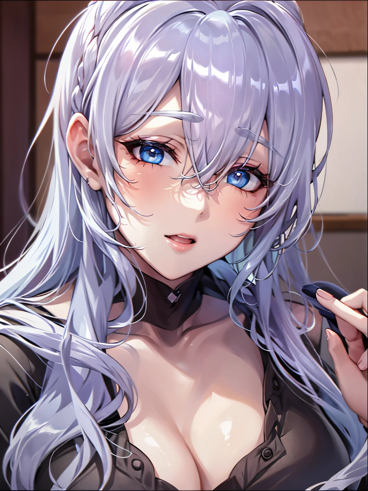 best quality, 8k, on the bed, silver hair, black shirt，No, Anime visual of a cute girl, Cute emoji face, Still from anime, Hard breasts, s face