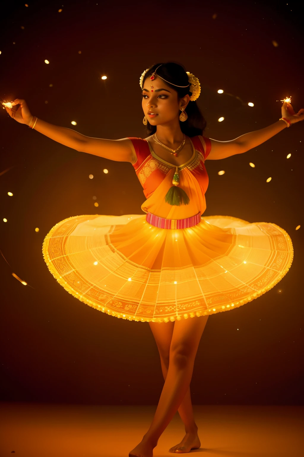 2010s Indian Diwali Firefly Dance (Location: Jaipur)
Character: A spirited Indian girl, in her tweens, with a bindi and vibrant attire, participates in a firefly dance during Diwali celebrations in Jaipur. The illuminated night sky and swirling dance movements create a magical atmosphere. Wes Anderson's Jaipur palette adds a festive touch to the scene.