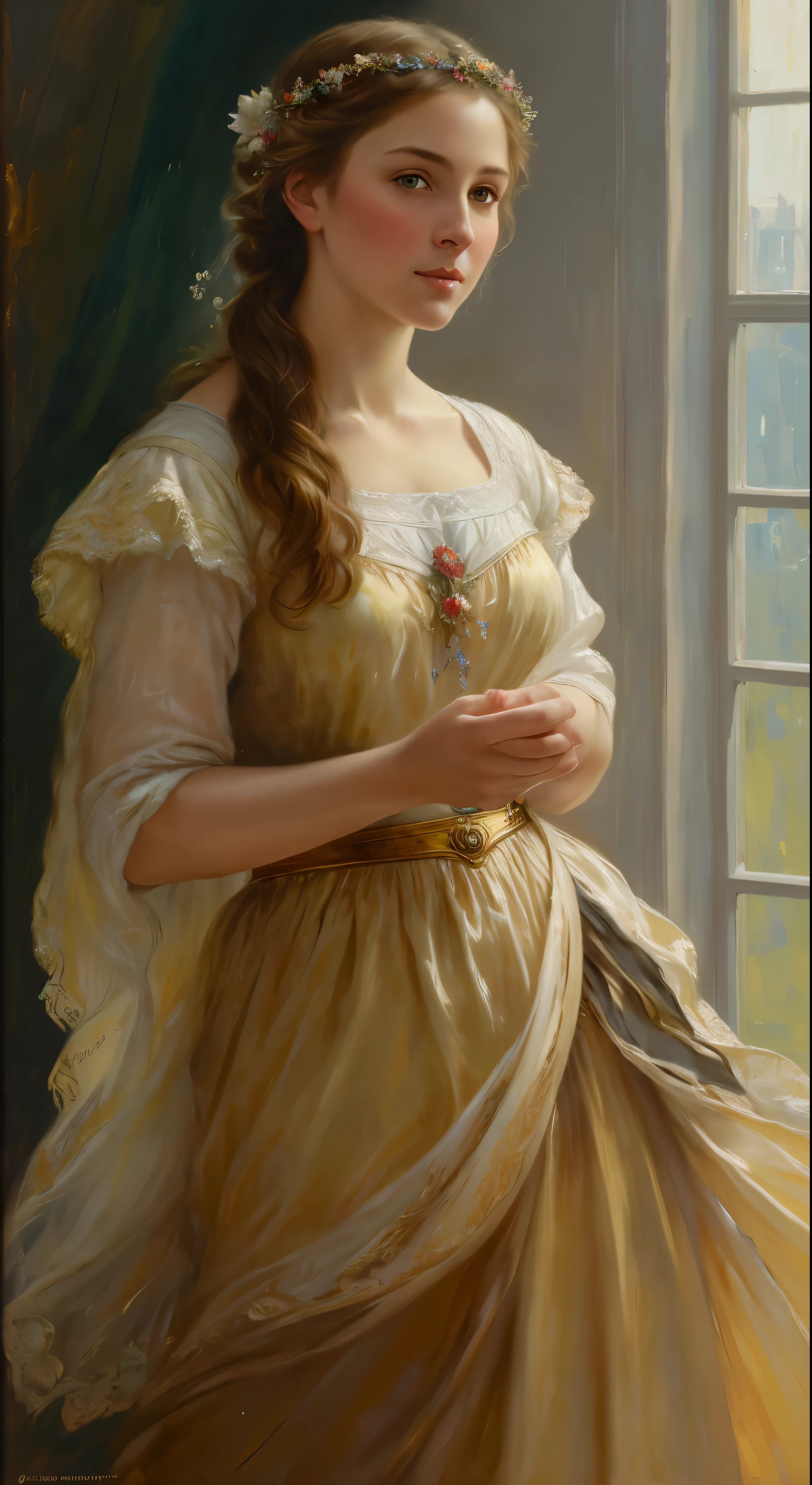 Masterpiece, Best quality, Ethereal beauty, portrait, girl, 35 years old Woman, middle ages, classicism, andrey atroshenko style, painting, traditional media, realistic, figurative, fine art, oil on canvas, HDR, 8K, original character, high resolution, high detail, focus on the face