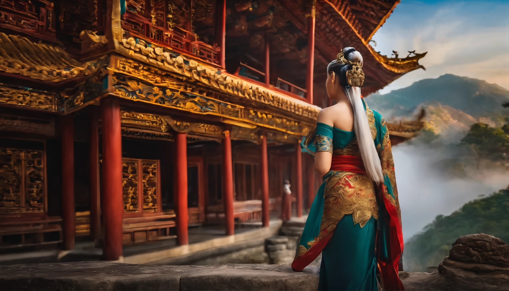 National comic goddess Yunyun Qingyi,back view,whole body,Gorgeous,religion,guard,Buddha