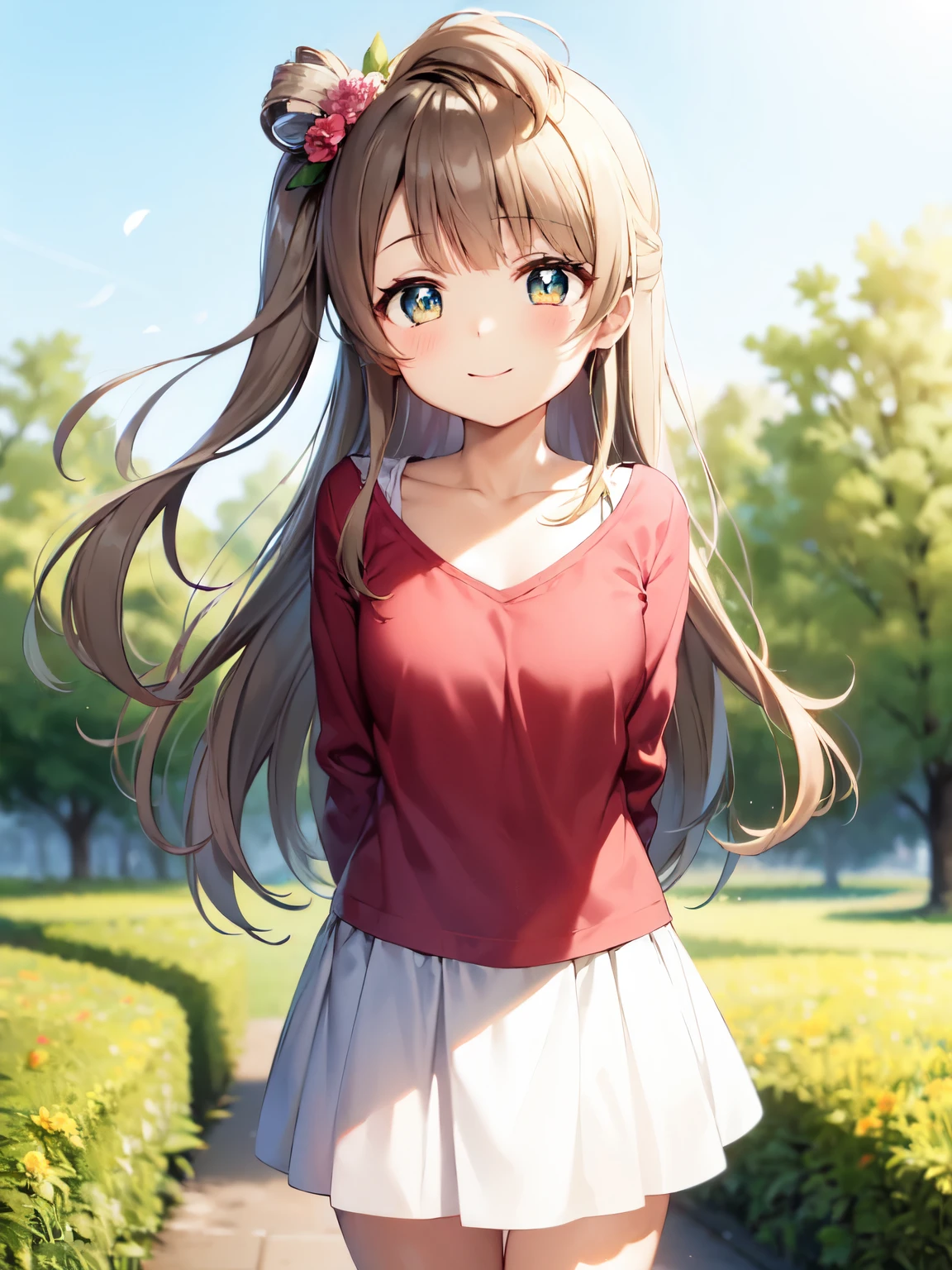 highest quality、anime girl with brown hair and beautiful flowers々Park where flowers bloom Kotori Minami、put your arms behind your back、、 [3D images:1.15],High resolution、garden、highest quality, High resolution, Front view、全体的にlong hair、1 girl, firm face, smile, Kotori, long hair, brown hair,、thin fingers、bright pupils, cute clothes、Ｔshirt、shirt、Cute skirt、skirt, white skirt、absolute reference to center、During the walk、date、thin fingers先