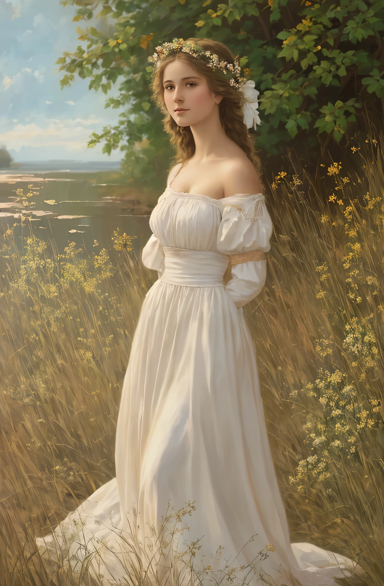 painting of a woman in a white dress standing in a field, beautiful maiden, beautiful character painting, inspired by Alexandre Cabanel, romantic era painting, inspired by Pierre Auguste Cot, beautiful goddess, beautiful fantasy maiden, romanticism art style, a stunning young ethereal figure, a beautiful painting, art of edouard bisson