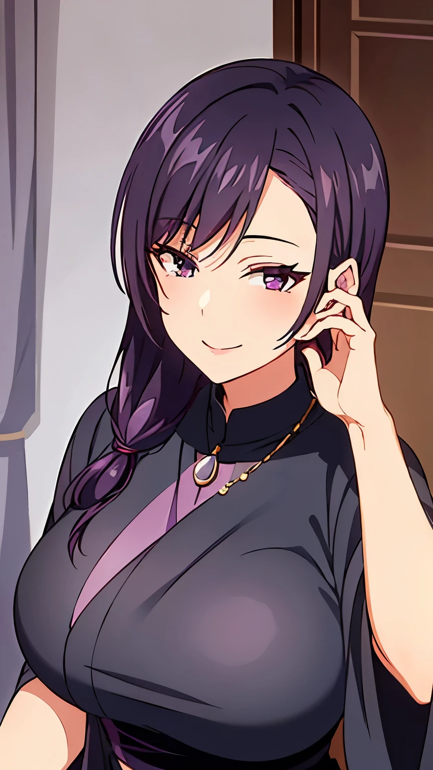 1 milf, purple slightly black hair, wearing a black dress, smiling, wearing a necklace around his neck, wearing a princess's gloves