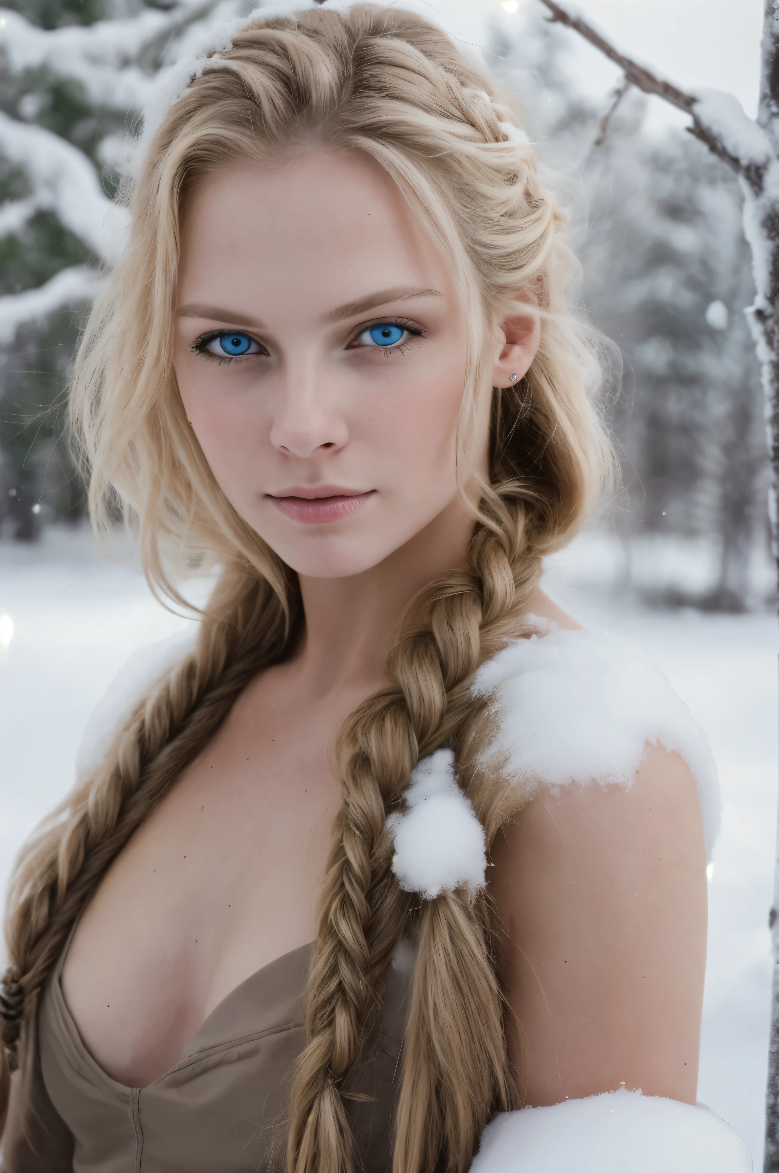 (Realistic:1.2), Analog Photography Style, Scandinavian woman warrior, fantastic snowy setting, braided blonde hair, whole body, Soft natural light, Cute and sexy, Pleasure, detailed face and blue eyes, отличное Quality, masterpiece, detailed northern background, Quality: 16 thousand., raw photo