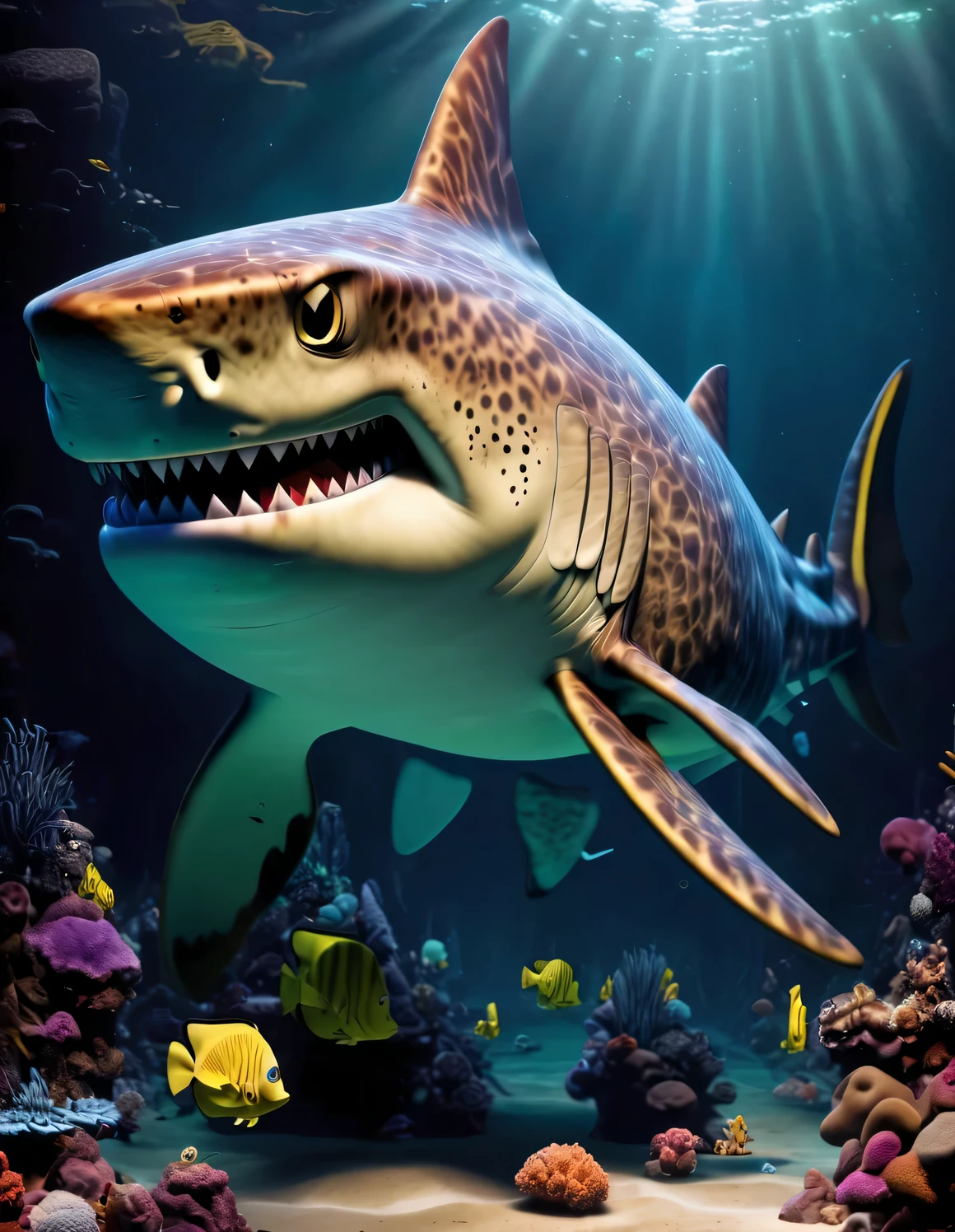 （character idea），Very unified CG design，SpongeBob&#39;sThe big shark Poseidon has a very unique appearance.，Standing height about 2 meters，Weight about 120kg，Strong build，muscular。His skin is dark blue，it&#39;full of spots，These spots are shaped like sponges，His eyes are black，sharp vision，His teeth are sharp and pointy，intimidating，behind head，he has a long fin，His arms and legs are very strong，Claws as sharp as hooks，His tail is big and powerful，So he can swim in the water，SpongeBob海神波塞冬被一层粘稠液体覆盖，This layer of liquid emits weak fluorescence，Make him look more mysterious，His appearance is full of strength and wildness，