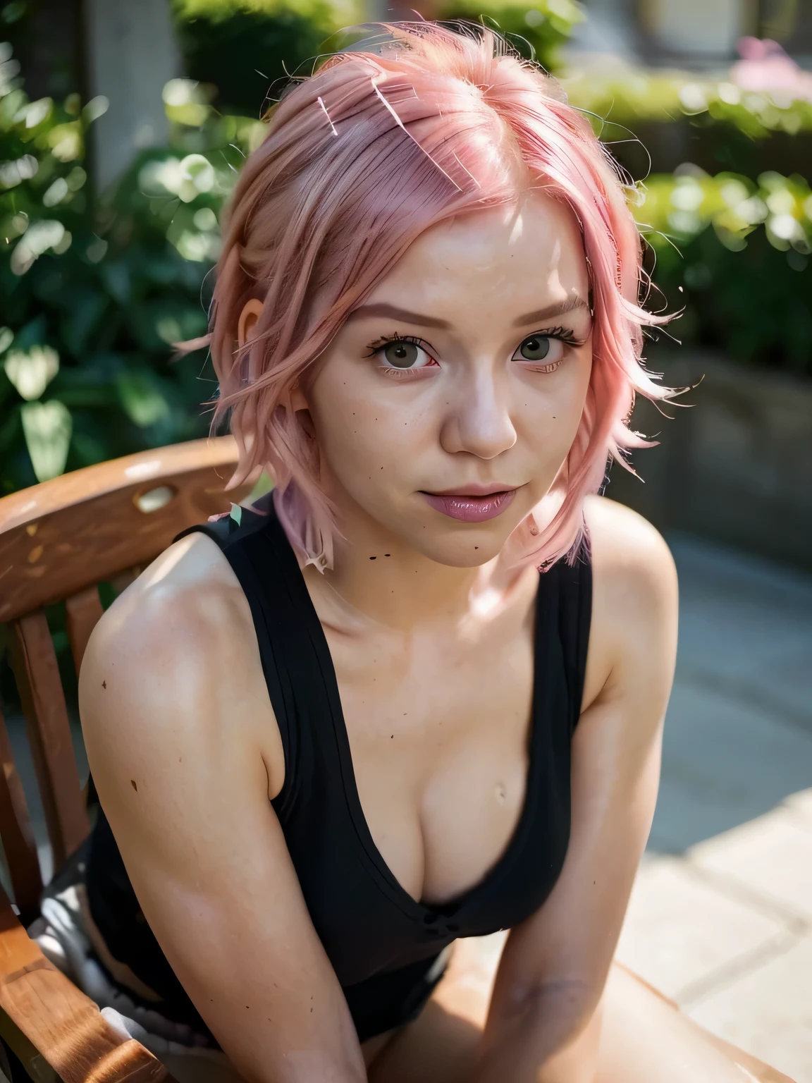 there is a woman with pink hair sitting in a chair, cute girl with short pink hair, with pink hair, twitch streamer, smooth pink skin, anna nikonova aka newmilky, highly realistic. live cam, soft light 4 k in pink, sexy look at the camera, short pink hair, soft portrait shot 8 k, pink wispy hair, flowing pink hair