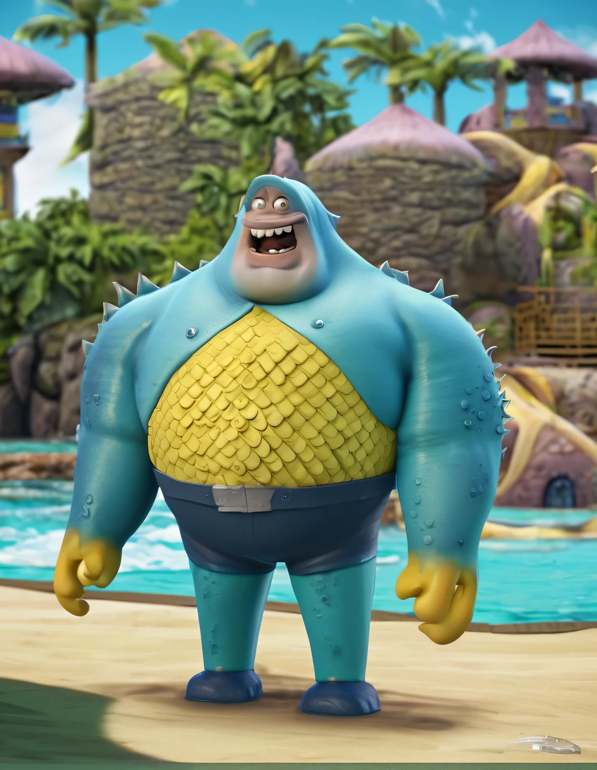 （character idea），Very unified CG design，Poseidon, big shark in spongebob squarepants, Has a rather unique appearance，Standing height about 2 meters，Weight about 120kg，Strong build，muscular。His skin is dark blue，it&#39;full of spots，These spots are shaped like sponges，His eyes are black，sharp vision，His teeth are sharp and pointy，intimidating，behind head，he has a long fin，His arms and legs are very strong，Claws as sharp as hooks，His tail is big and powerful，So he can swim in the water，SpongeBob the shark Poseidon is covered in a layer of viscous liquid，This layer of liquid emits weak fluorescence，Make him look more mysterious，His appearance is full of strength and wildness，
