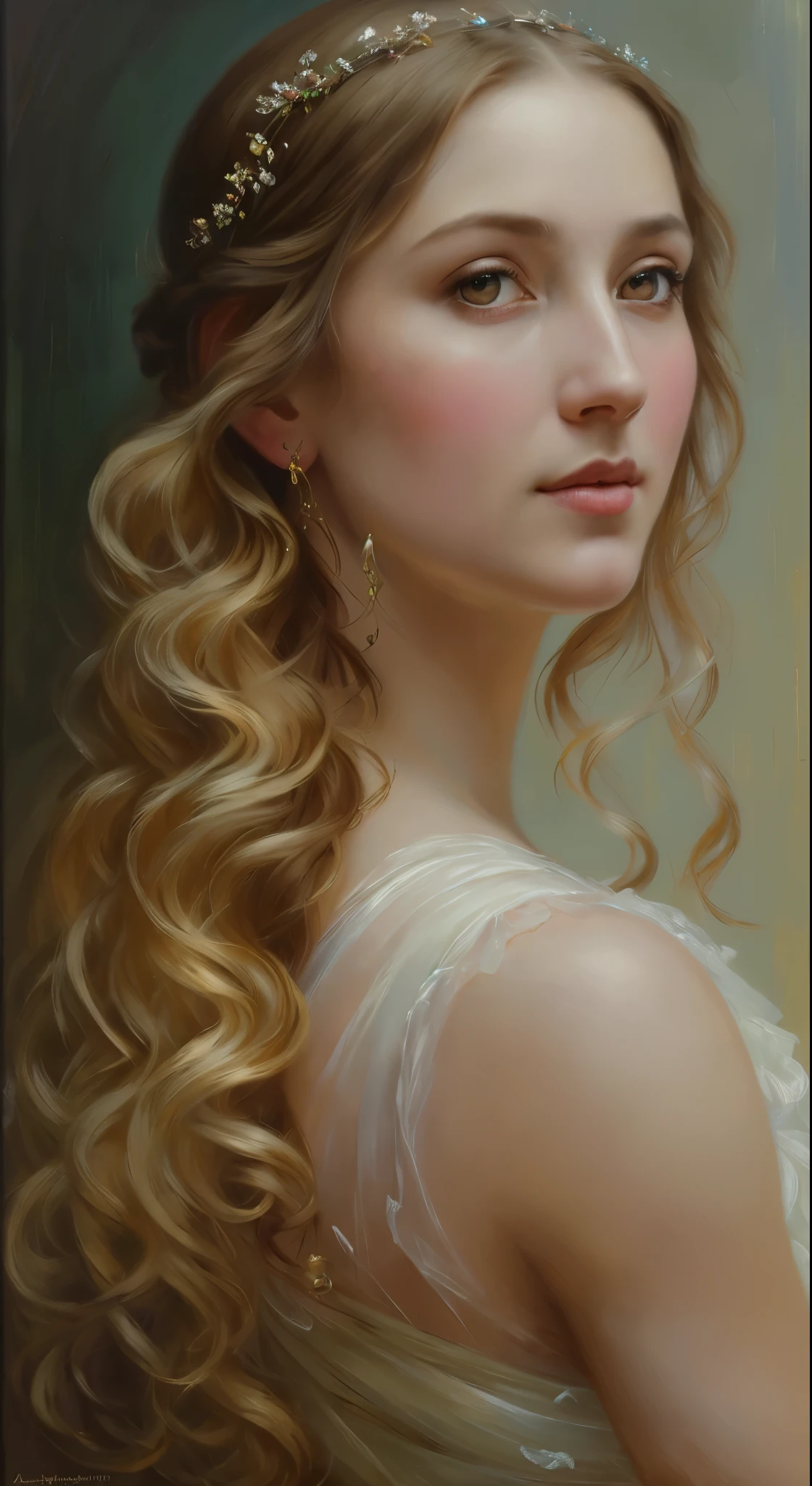 Masterpiece, Best quality, Ethereal beauty, portrait, girl, 35 years old Woman, middle ages, classicism, andrey atroshenko style, painting, traditional media, realistic, figurative, fine art, oil on canvas, HDR, 8K, original character, high resolution, high detail, focus on the face