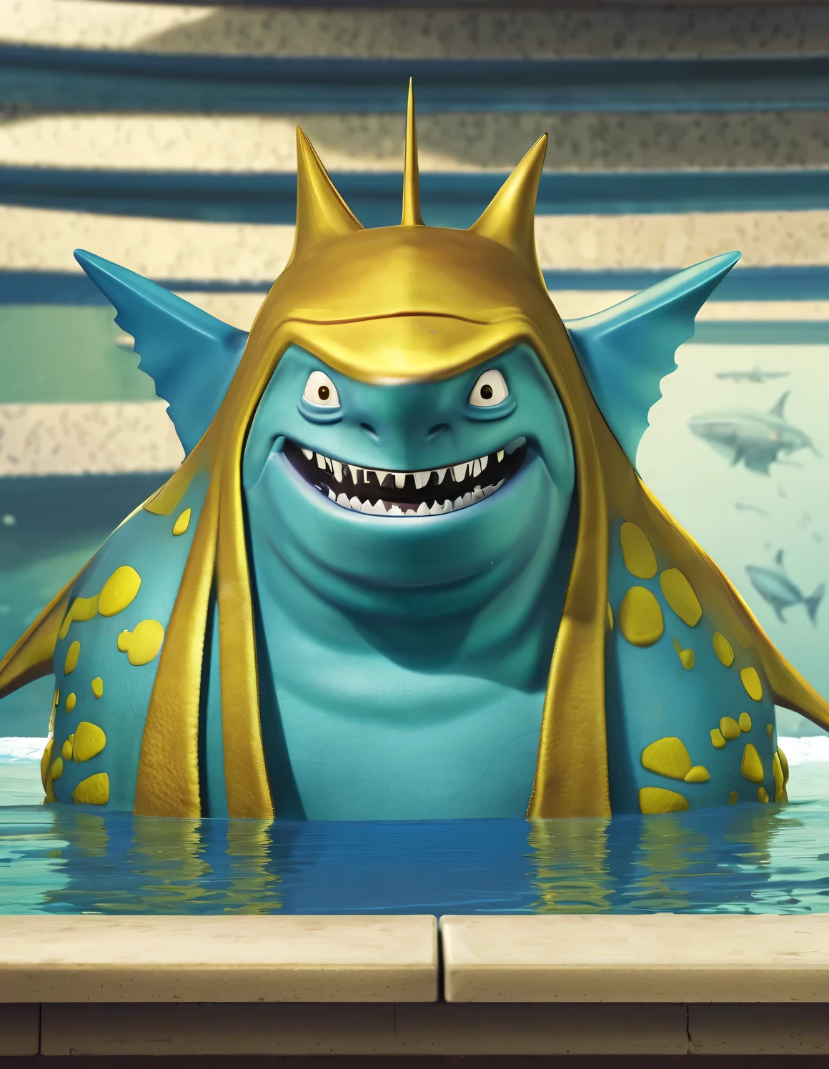 （character idea），Very unified CG design，SpongeBob&#39;sThe big shark Poseidon has a very unique appearance.，Standing height about 2 meters，Weight about 120kg，Strong build，muscular。His skin is dark blue，it&#39;full of spots，These spots are shaped like sponges，His eyes are black，sharp vision，His teeth are sharp and pointy，intimidating，behind head，he has a long fin，His arms and legs are very strong，Claws as sharp as hooks，His tail is big and powerful，So he can swim in the water，SpongeBob海神波塞冬被一层粘稠液体覆盖，This layer of liquid emits weak fluorescence，Make him look more mysterious，His appearance is full of strength and wildness，