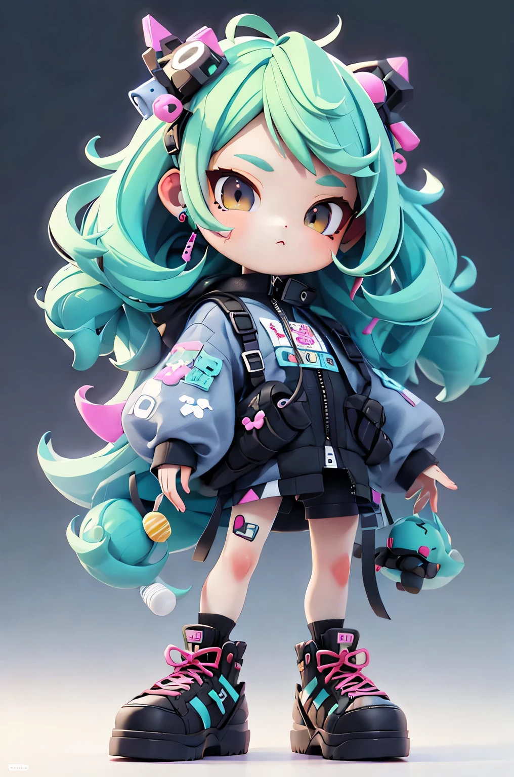 cute girl wrapped in transparent plastic, chibi,  candy color, simple and bright background, 3D toys, cyberpunk style, cinema4d, octane render, 3d model, collectible toys,Nendoroid,streetstyle,Pixar,big shoes , fashion trends, close-up, full body --ar 3:4 --q 2 50 --niji 5 --niji 5 --s 100 --style expressive --s 2