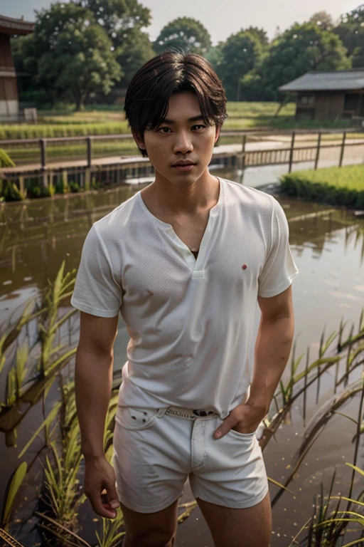 There&#39;s a handsome man who doesn&#39;t wear a shirt.,Put on panties.,standing in the rice field, soft 8K portraits, Korean handsome man, Shot with canon eos r5, Shot with canon eos r5, taken with canon eos 5 d mark iv, 8K portraits, taken with canon 5d mk4, taken with sony alpha 9, Portrait of a Japanese teenager