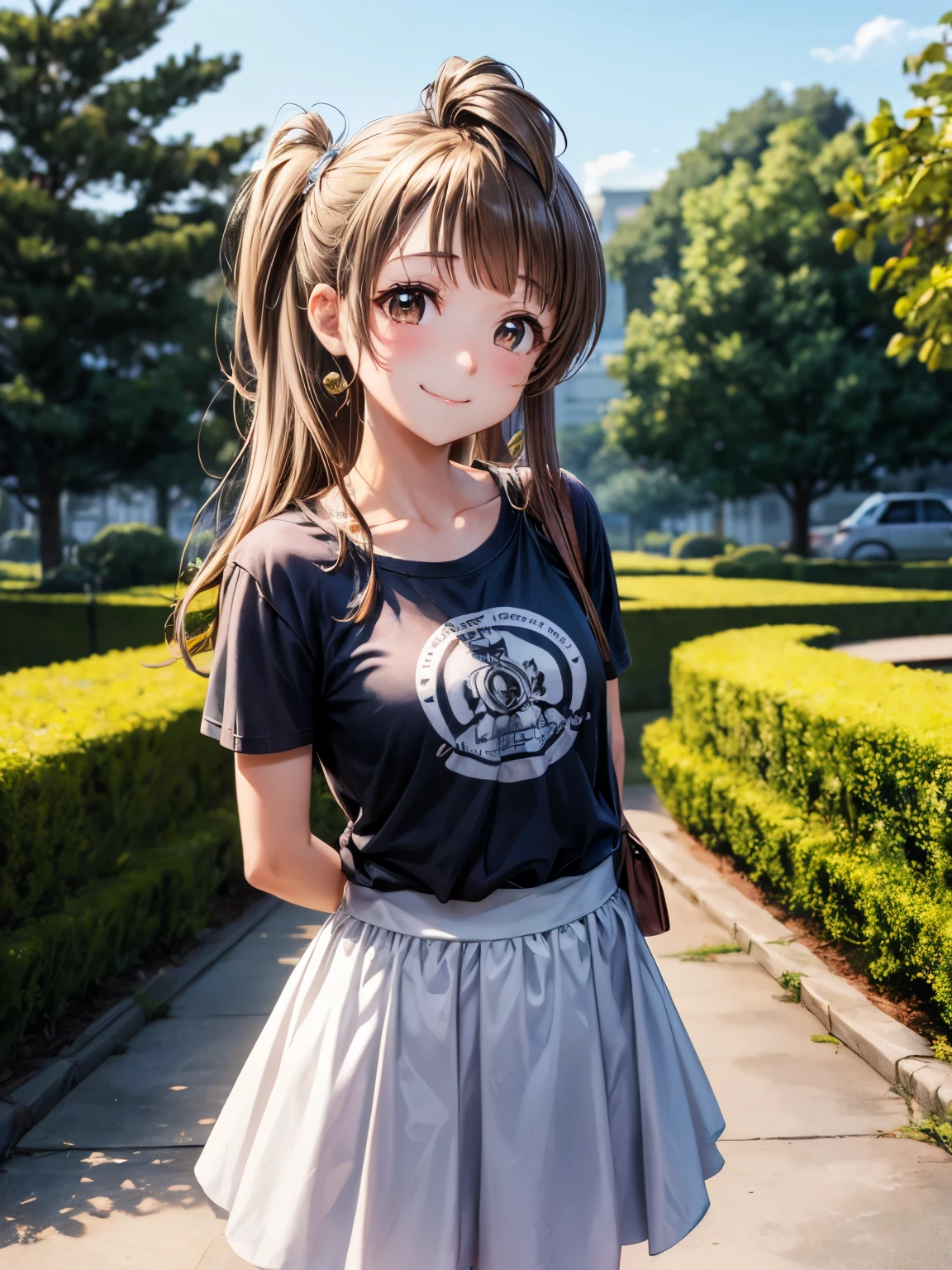 highest quality、anime girl with brown hair and beautiful flowers々Park where flowers bloom Kotori Minami、put your arms behind your back、、 [3D images:1.15],High resolution、garden、highest quality, High resolution, Front view、全体的にlong hair、1 girl, firm face, smile, Kotori, long hair, brown hair,、thin fingers、bright pupils, cute clothes、Ｔshirt、shirt、Cute skirt、skirt, white skirt、absolute reference to center、During the walk、date、thin fingers先