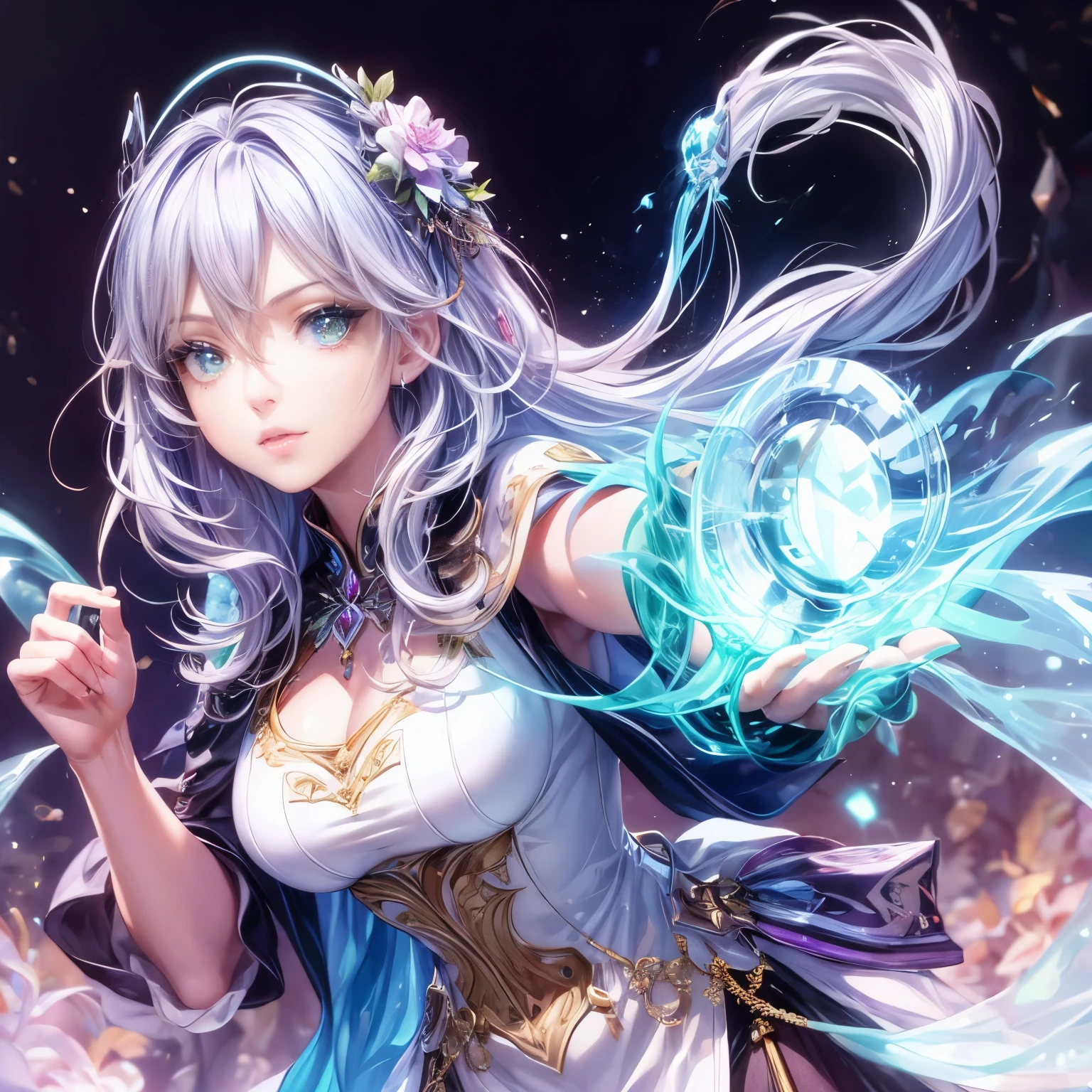 (highest quality:1.4),(masterpiece:1.4),super detailed,8K,cg,exquisite,Upper body,Lonely,thumb girl,(green eyes), (light purple hair), Little Princess,flowing coat dress,garden background,detailed facial features,long curly hair,Almond Eyes,Delicate eye makeup,long fluttering eyelashes,Sparkling starry eyes,and a starry gaze, intricate lip details,soft and harmonious style., Glasses